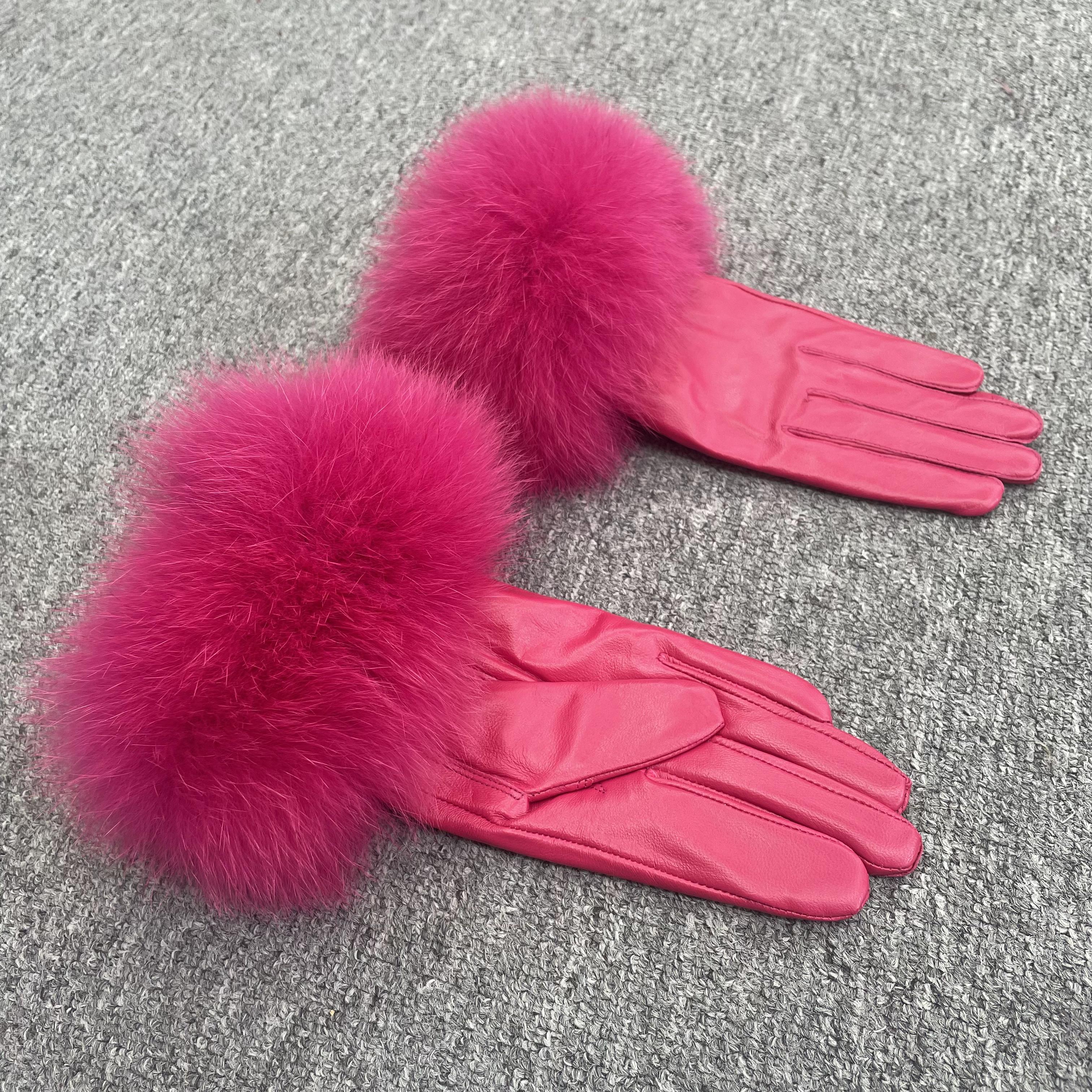 Women’s Black Leather Gloves with Real Fox Fur Trim – Elegant Winter Fashion Accessory for Luxury Style 16 F