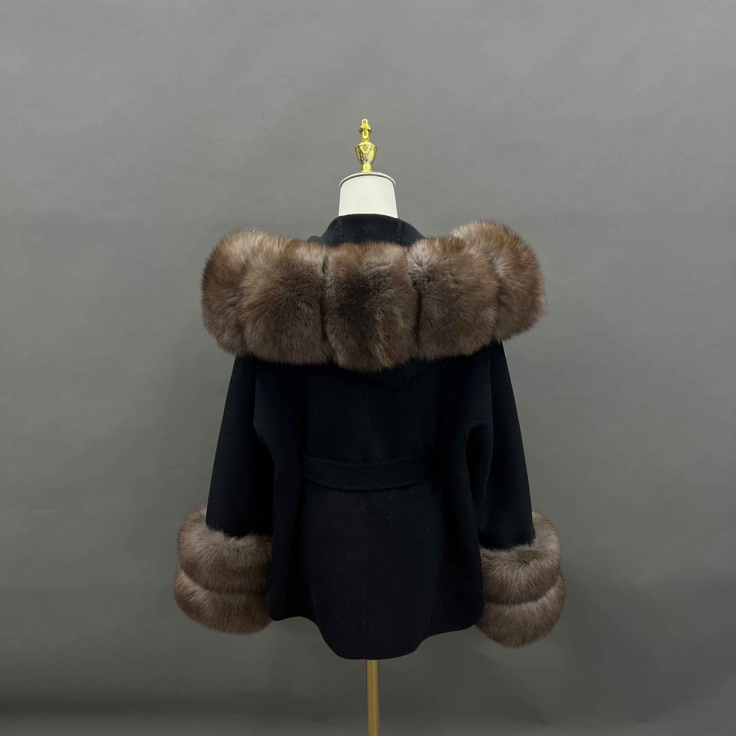 Autumn Winter Black Double - faced Wool Coat with Fox Fur Trim and Tie Waist
