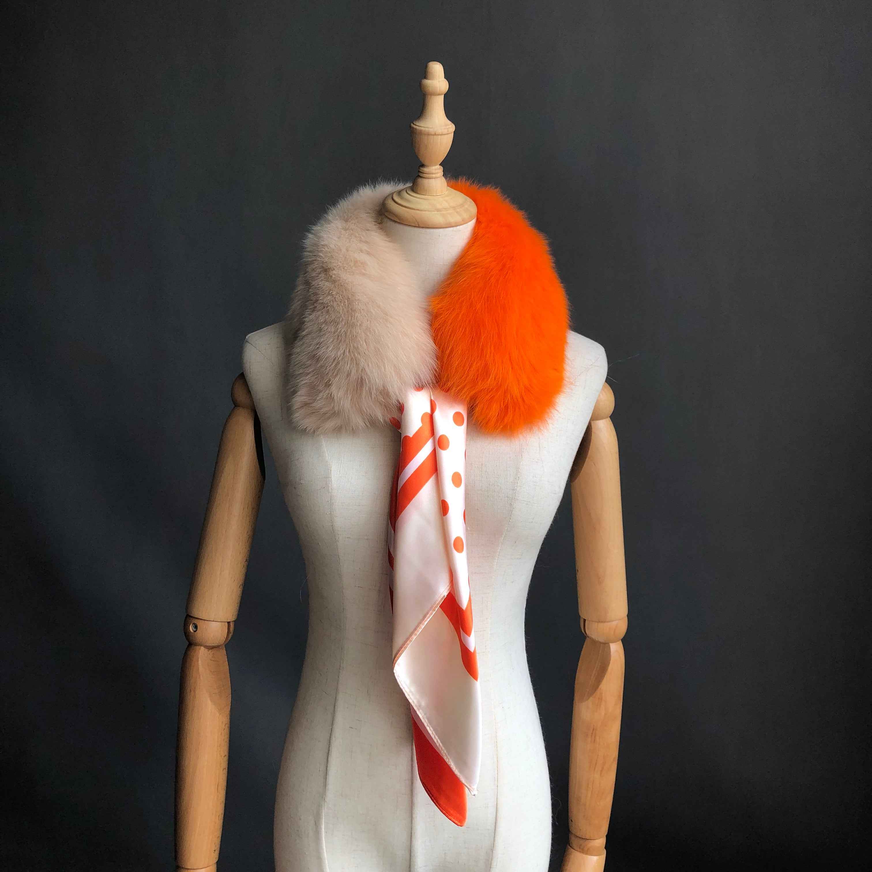Women's Luxurious Color-Block Fox Fur Small Square Collar with Printed Silk Scarf - Fashion Accessory Beige Orange F