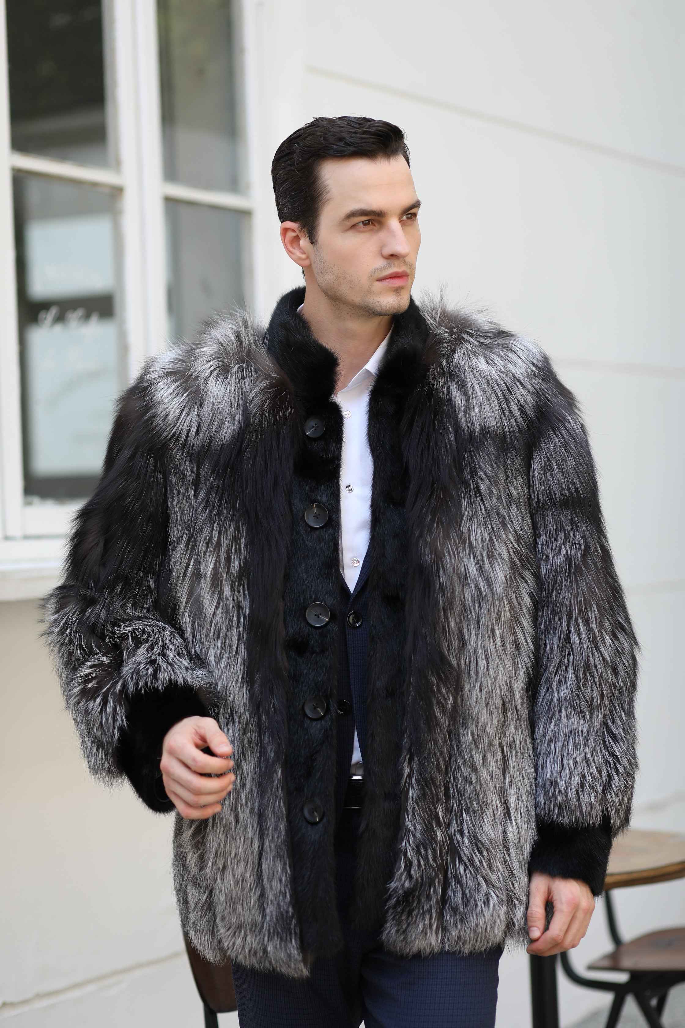 Men's Luxurious Silver Fox Fur Jacket with Mink Placket Detail - High-End Winter Outerwear