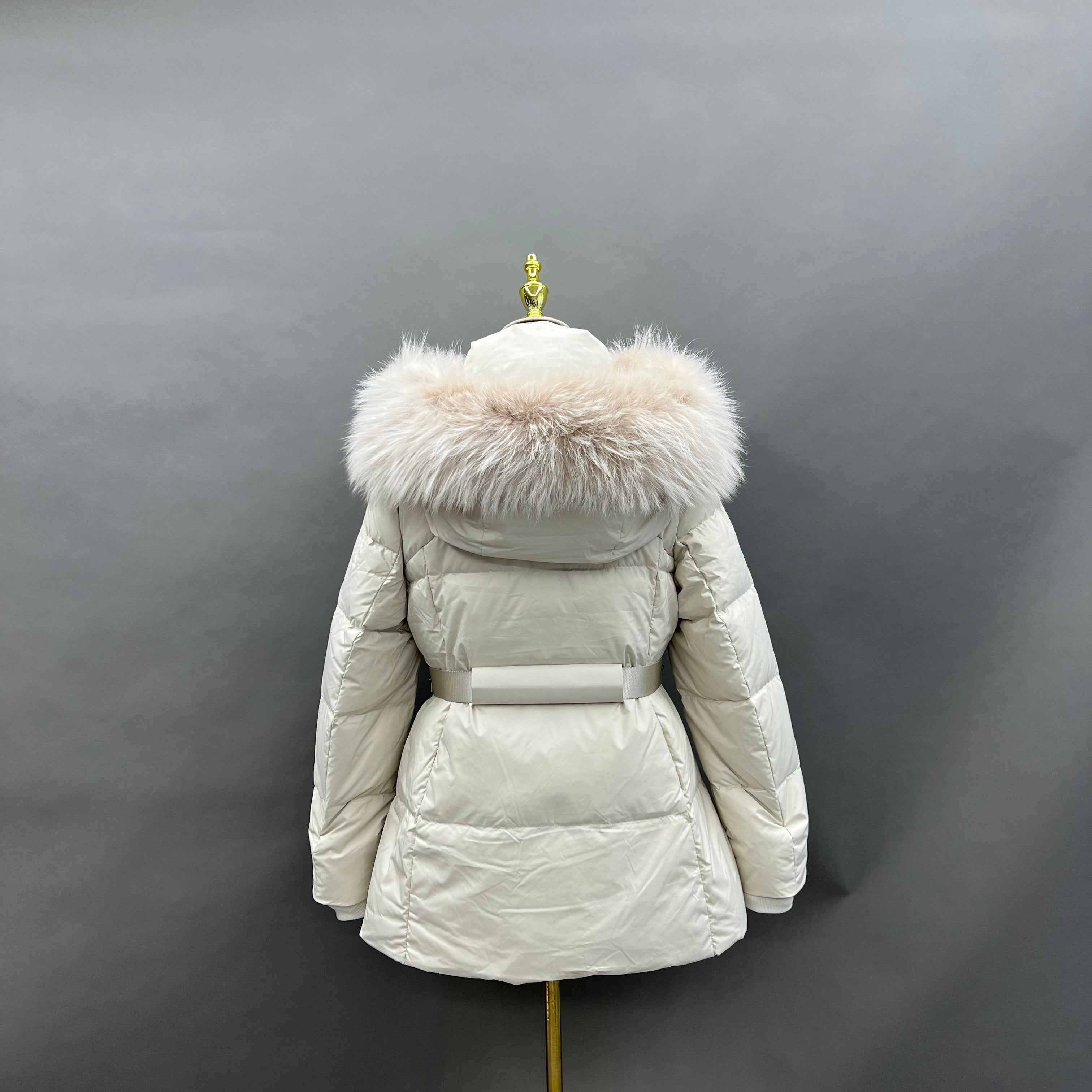 Women's Short Down Jacket with Raccoon Fur - Trimmed Hood