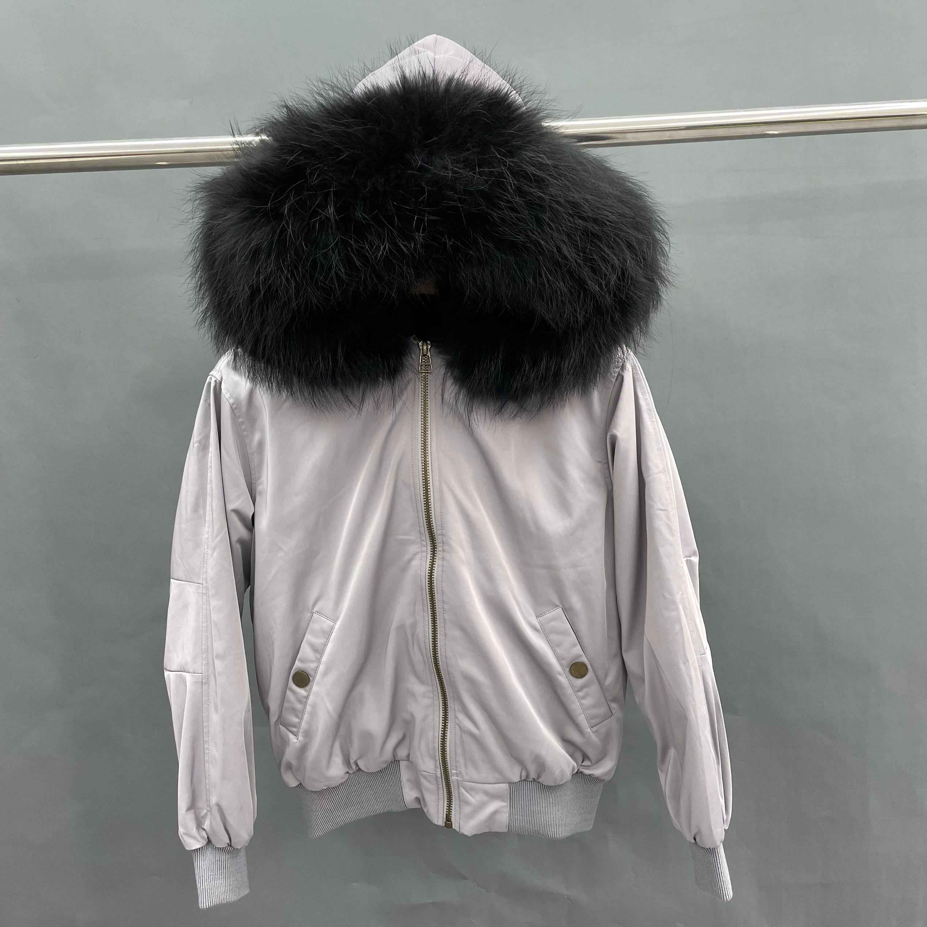 Women's Bomber Jacket with Raccoon Fur Collar – Winter Flight Jacket, Faux Fur Trim Aviator Coat for Cold Weather 2#Grey