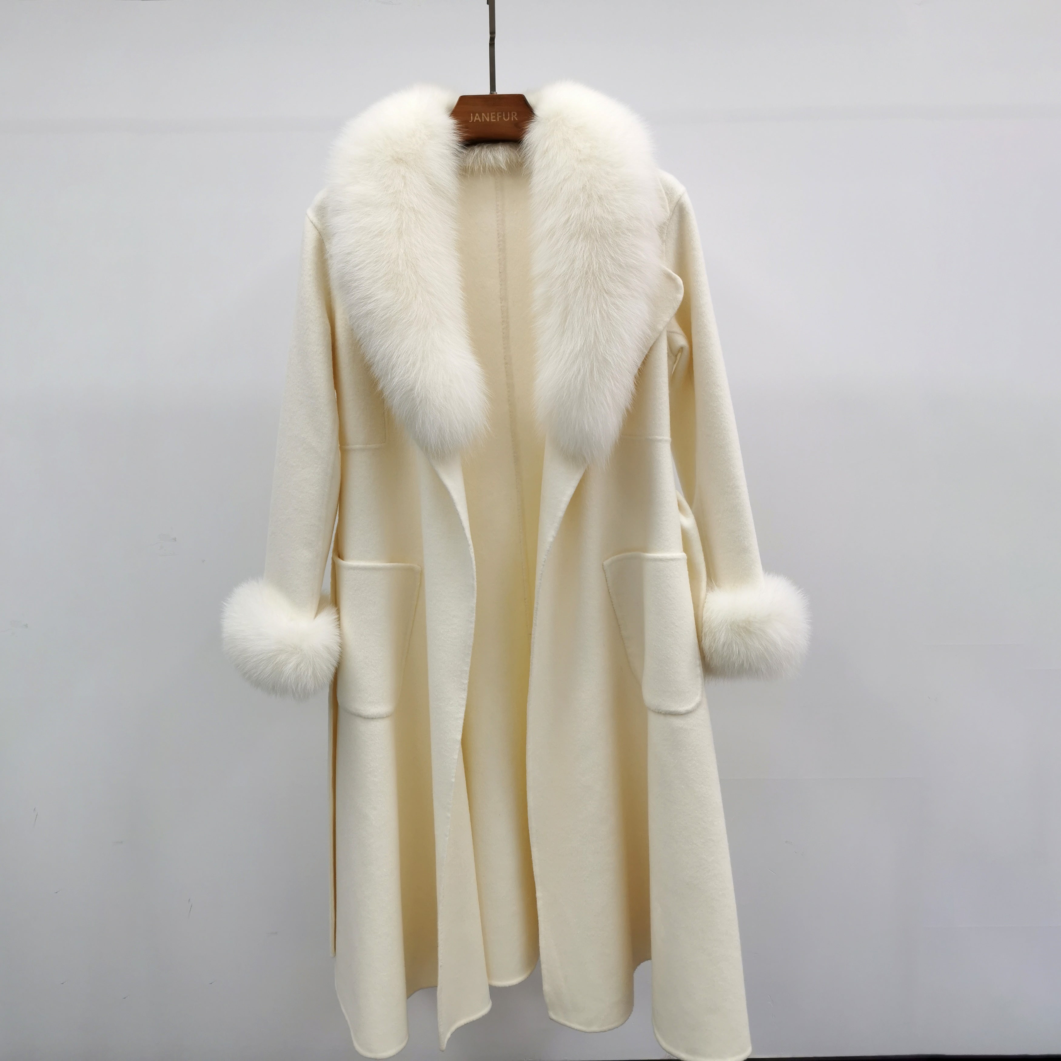 Women's Luxury Double - Faced Wool Coat with Fox Fur Collar, Flared Skirt & Straight Pockets, Elegant Winter Outerwear 4#Cream White