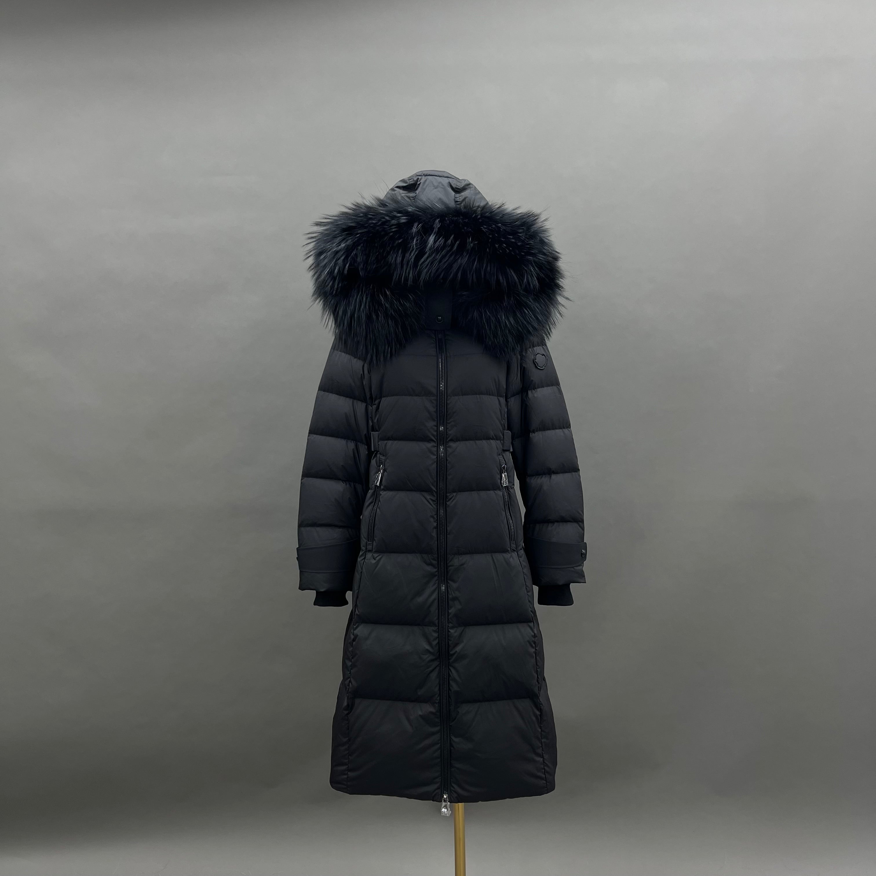 Women's Long Down Coat with Raccoon Fur - Trimmed Hood