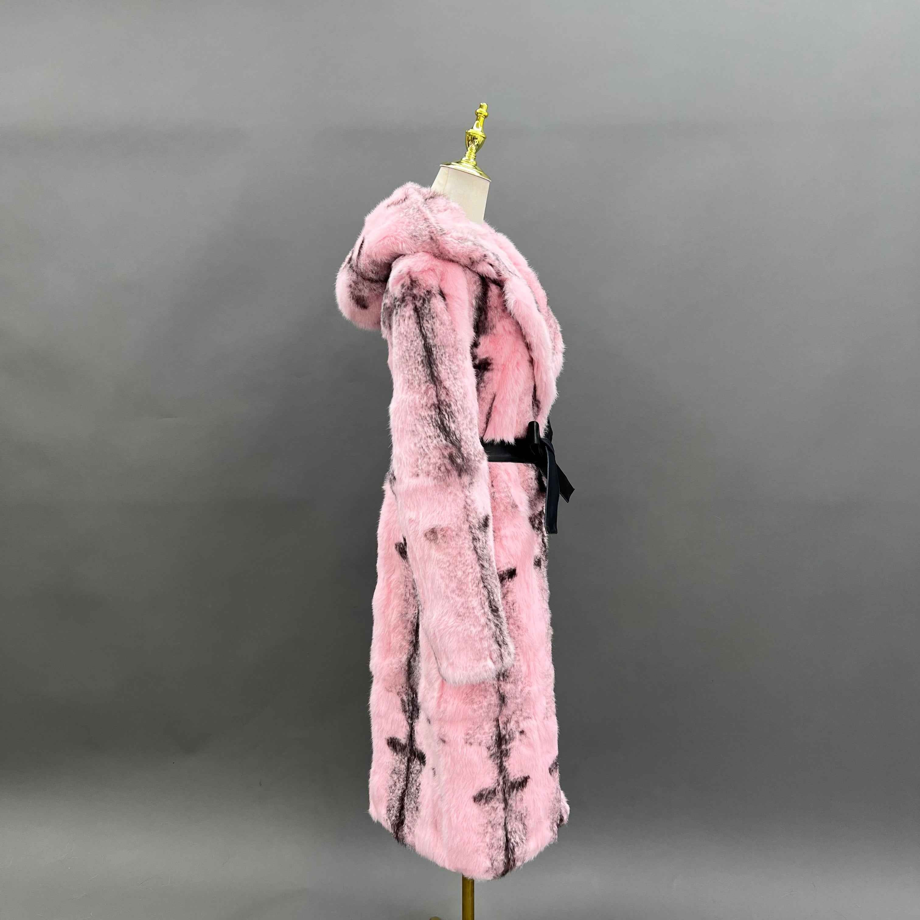 Luxury Pink Rabbit Fur Coat with Hood and Notched Lapel – Long Women’s Winter Fur Jacket with Belt