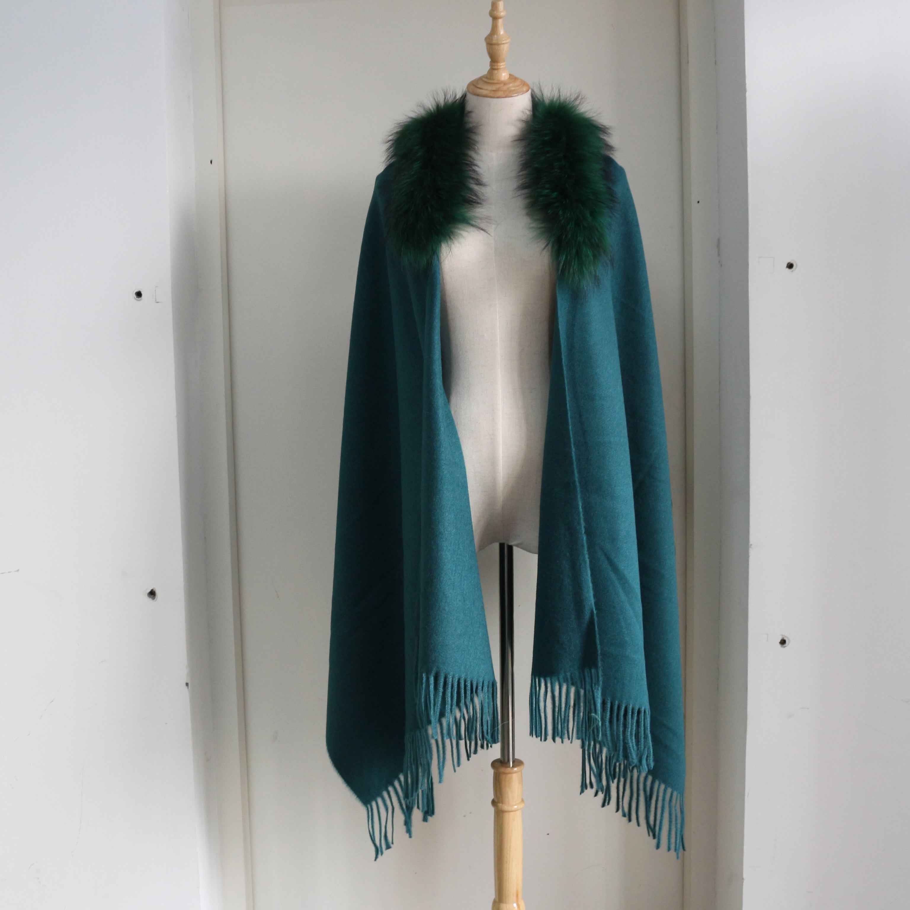 Women's Luxurious Mink Fur Shawl with Raccoon Dog Fur Collar & Fringe Detail - Winter Fashion Accessory 7#Dark Green F