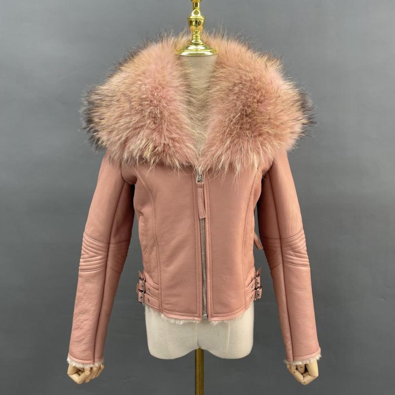 Large Raccoon Fur Collar Leather and Fur Combination - Janefur