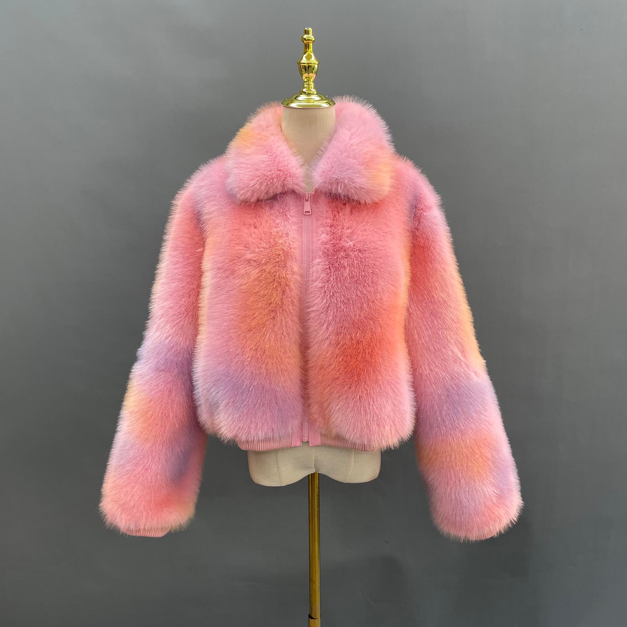 Janefur Lapel Zipper Womens Short Gorgeous Pink Faux Fur Jacket - Janefur