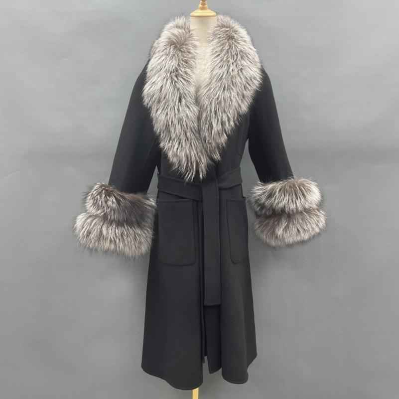 Skirt Hem Mandarin Collar with Sleeves and Two-section Fur Double-faced Wool - Janefur