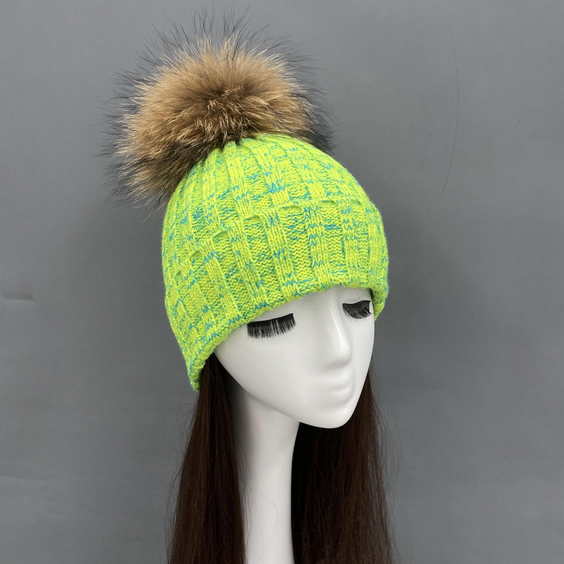 New Fall And Winter Striped With Fur Pom Pom Acrylic Hat - Janefur