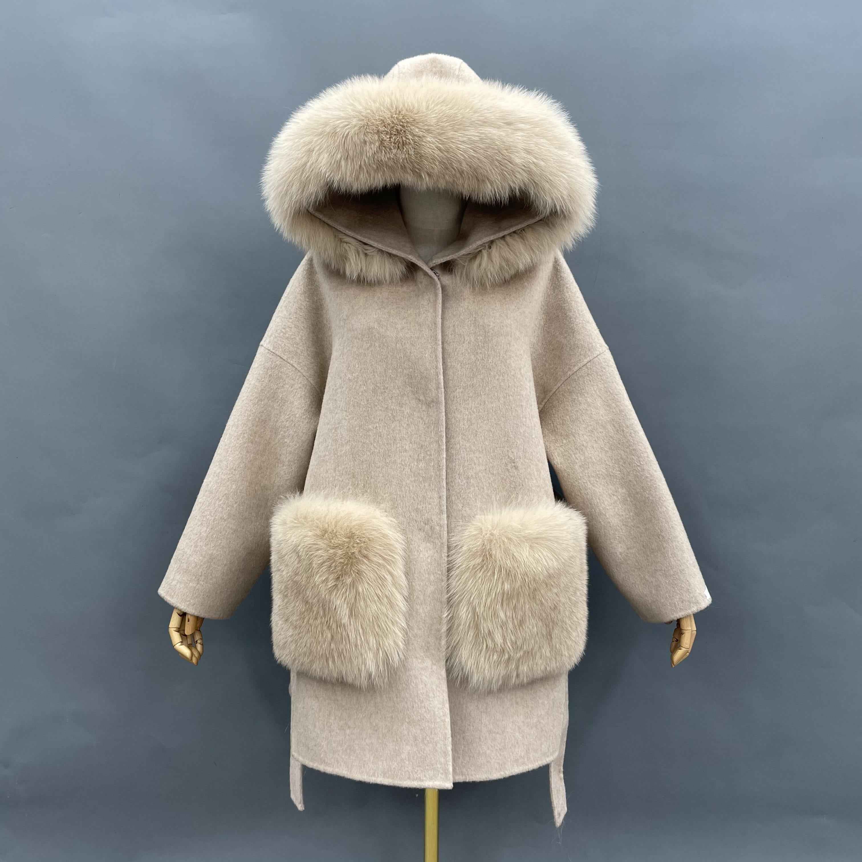 Cashmere Short Coat Women's Fashion Casual Hooded Jacket with Fur Pockets and Fur Collar Double-faced Wool Coat - Janefur