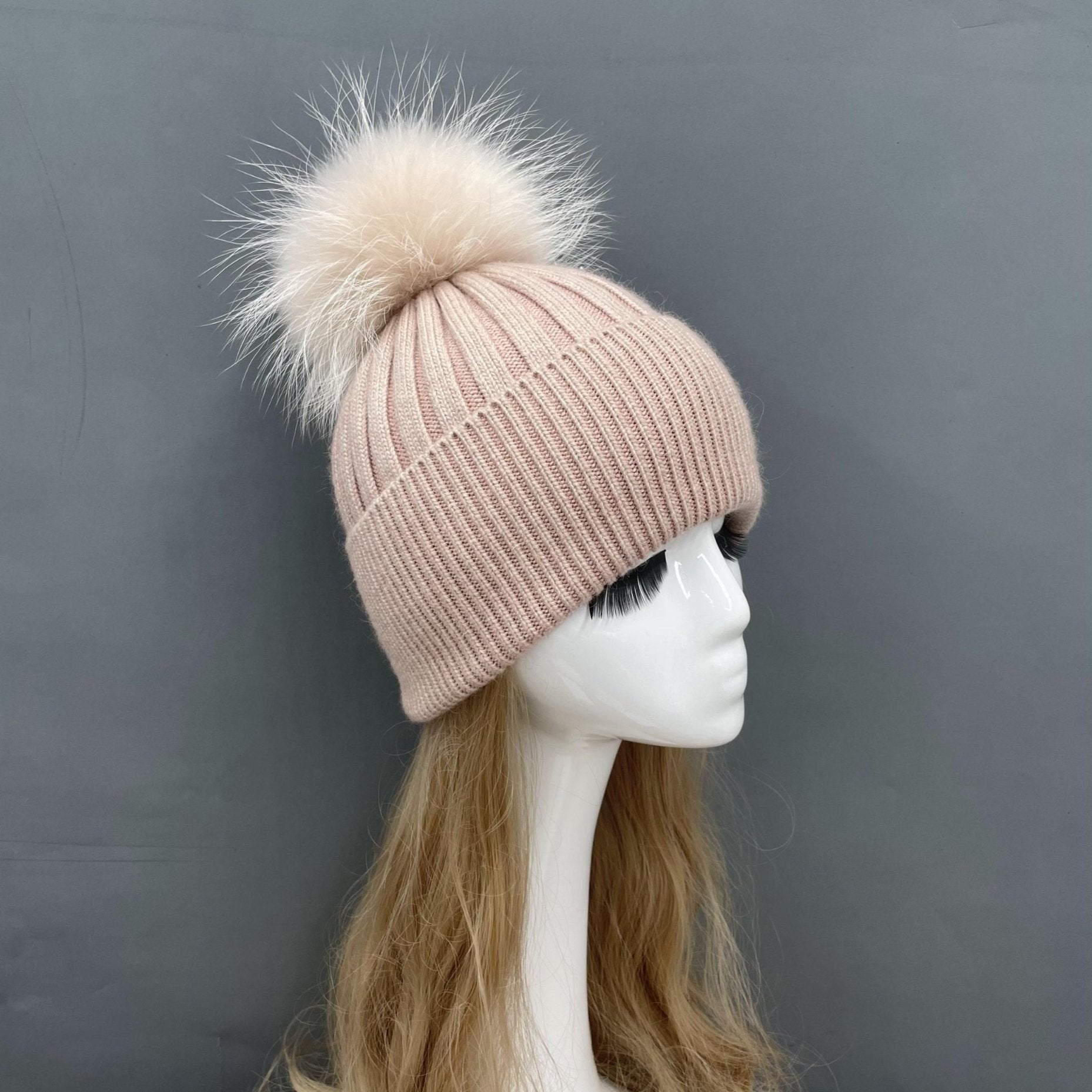 Winter Knitted Angora Beanie Hat With Removable Fur Pom Pom - Janefur