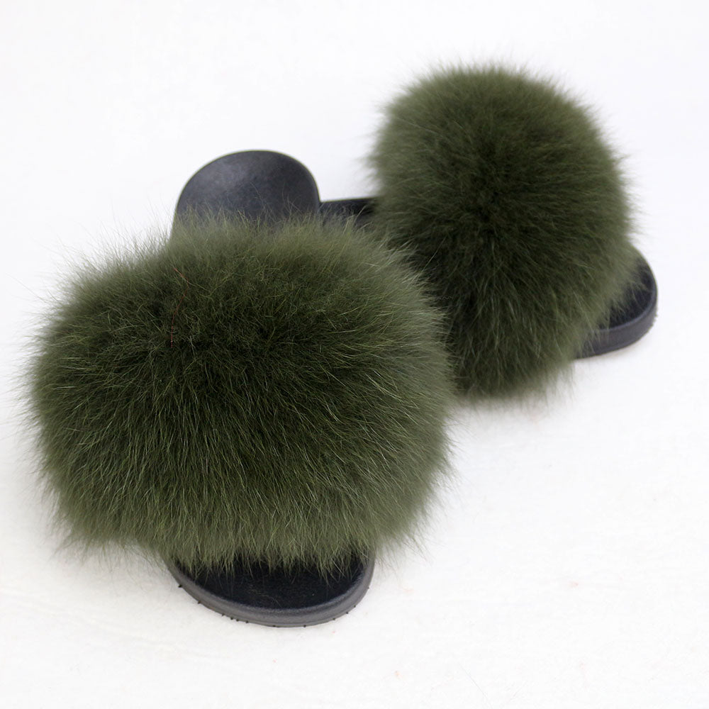 Janefur Wholesale Women's Fashion Slippers With Real Fox Fur Trim (Black, Gold, Silver Soles)