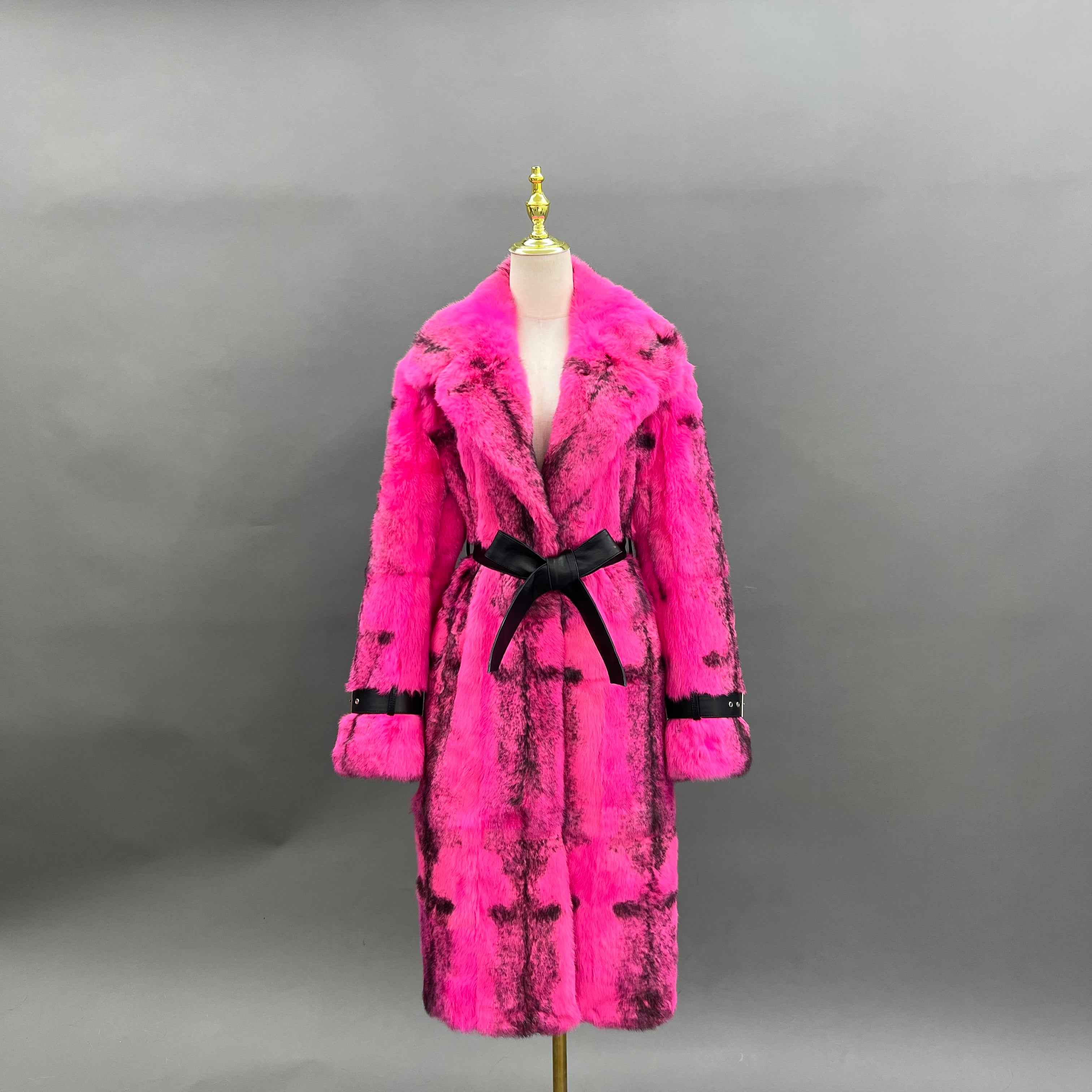 Luxury Rabbit Fur Coat with Notched Lapel and Leather Cuffs – Long Women’s Winter Fur Jacket with Belt