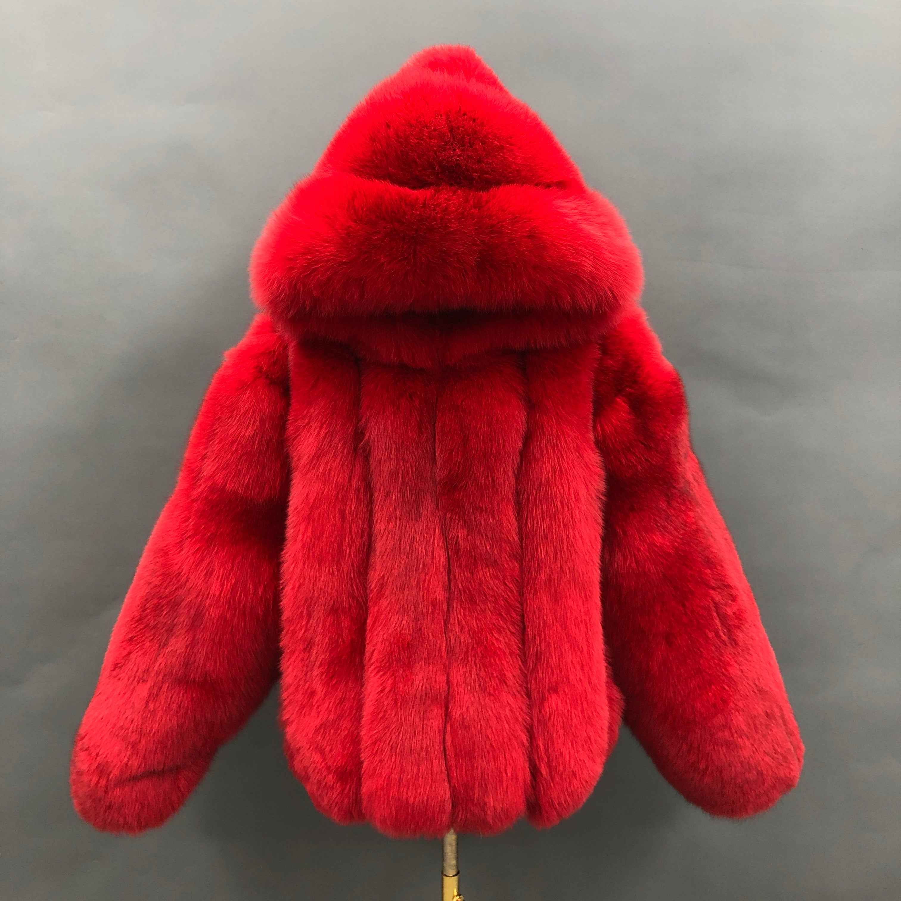 Luxury Fluffy Red Fox Fur Hooded Coat with Vertical Stripes - Short Winter Jacket Red Contact us to customized
