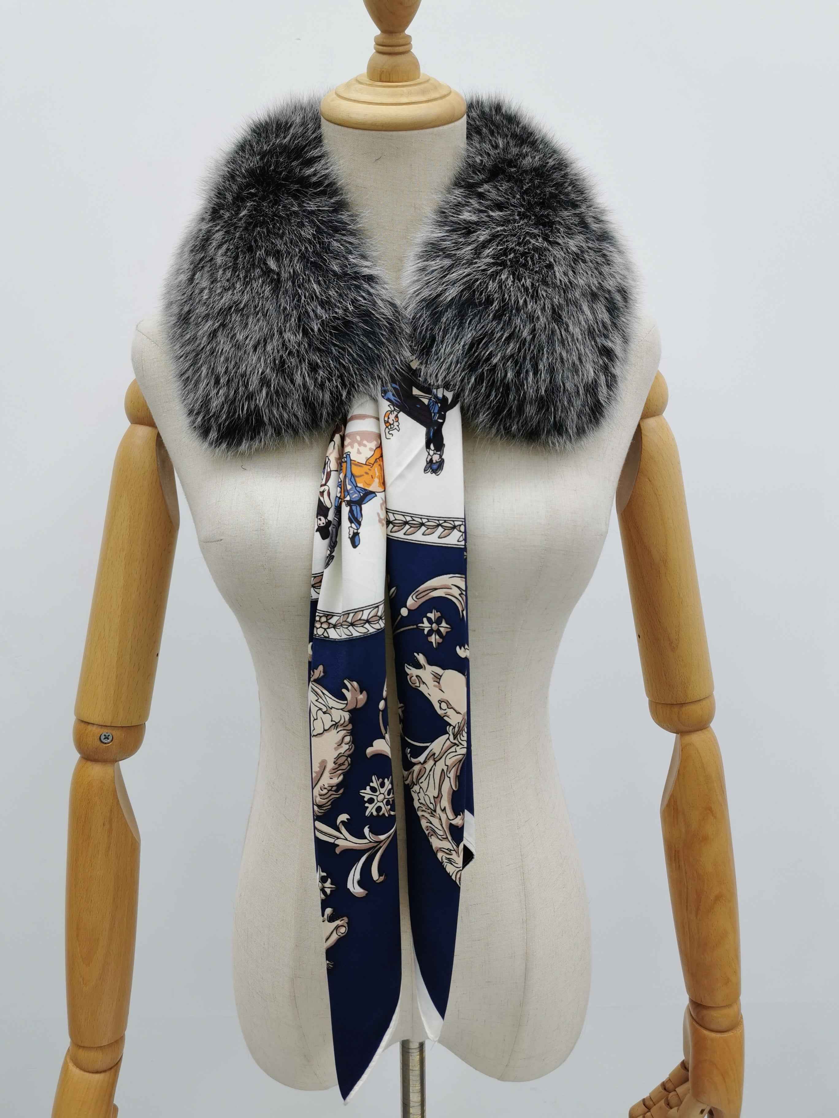 Women's Luxurious Fox Fur Small Square Collar with Printed Silk Scarf - Fashion Accessory 2#Black White F