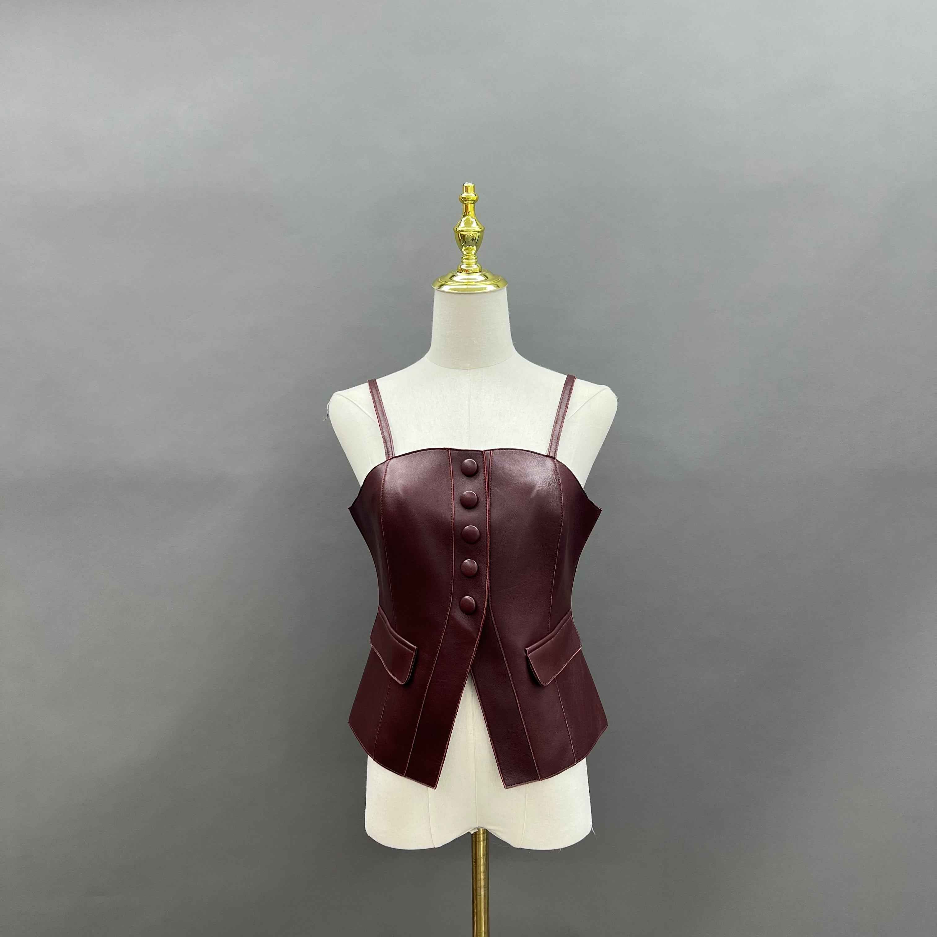 Pink Faux Leather Corset Top with Vertical Buttons and Pockets – Women’s Strappy Bodysuit for Casual & Party Wear