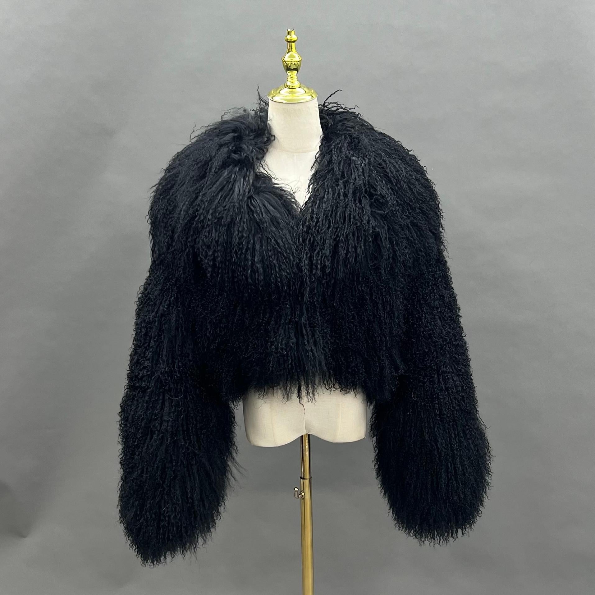 Women's Mongolian Lamb Fur Large Collar Casual Short Fur Jacket Outwear Coat Black