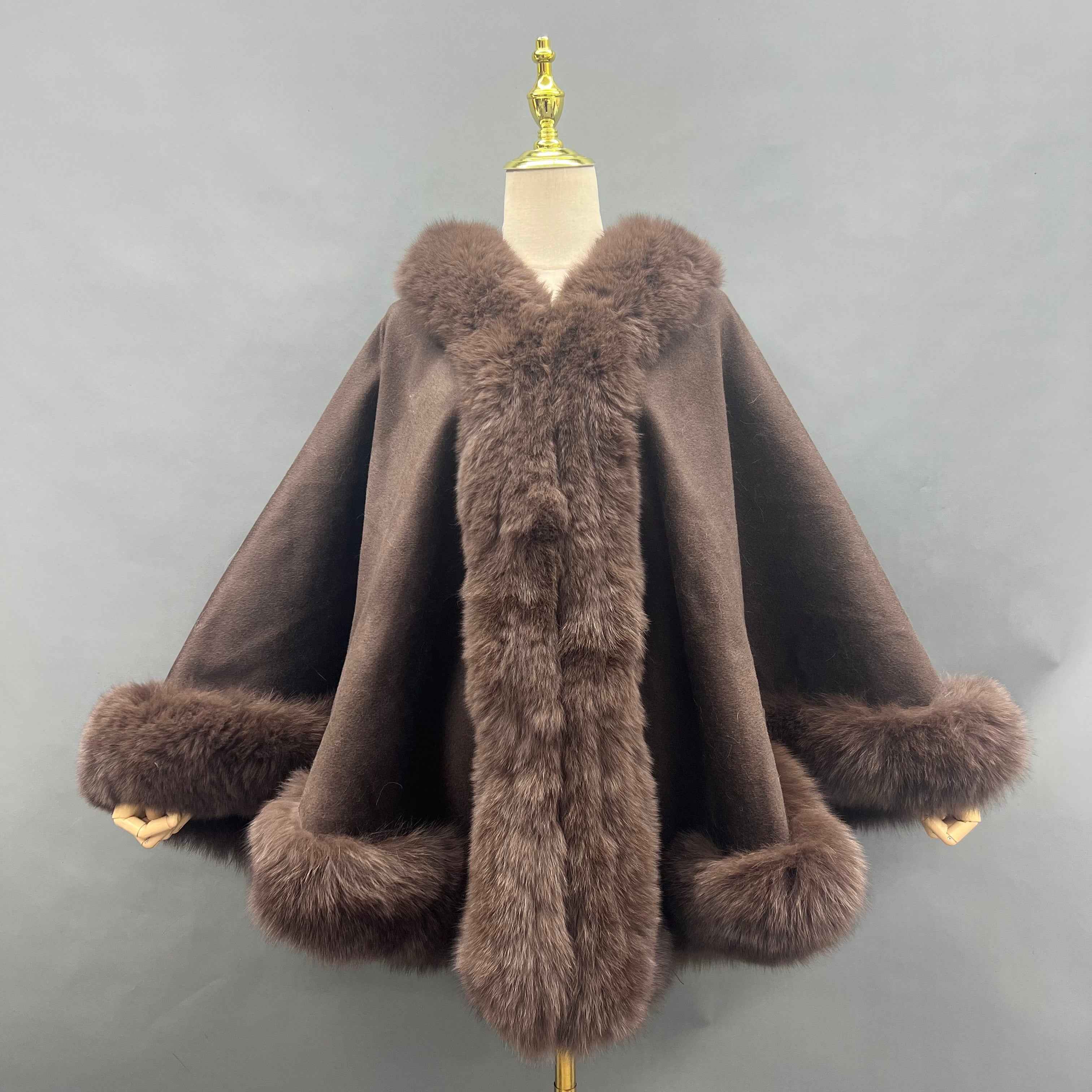 Women's Luxurious Cashmere Cape with Fox Fur Trim - Winter Fashion Outerwear 7#Brown F