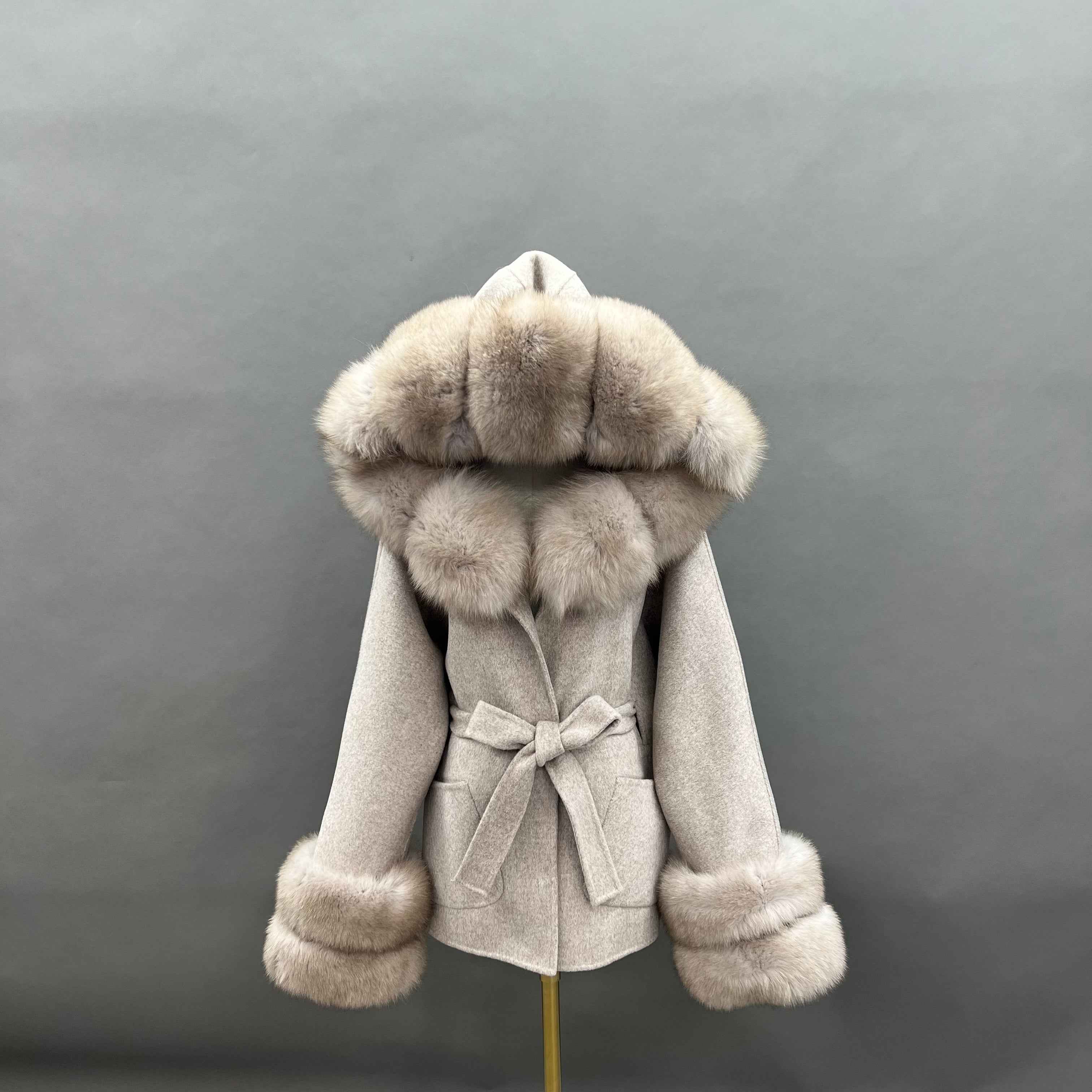 Autumn Winter Black Double - faced Wool Coat with Fox Fur Trim and Tie Waist