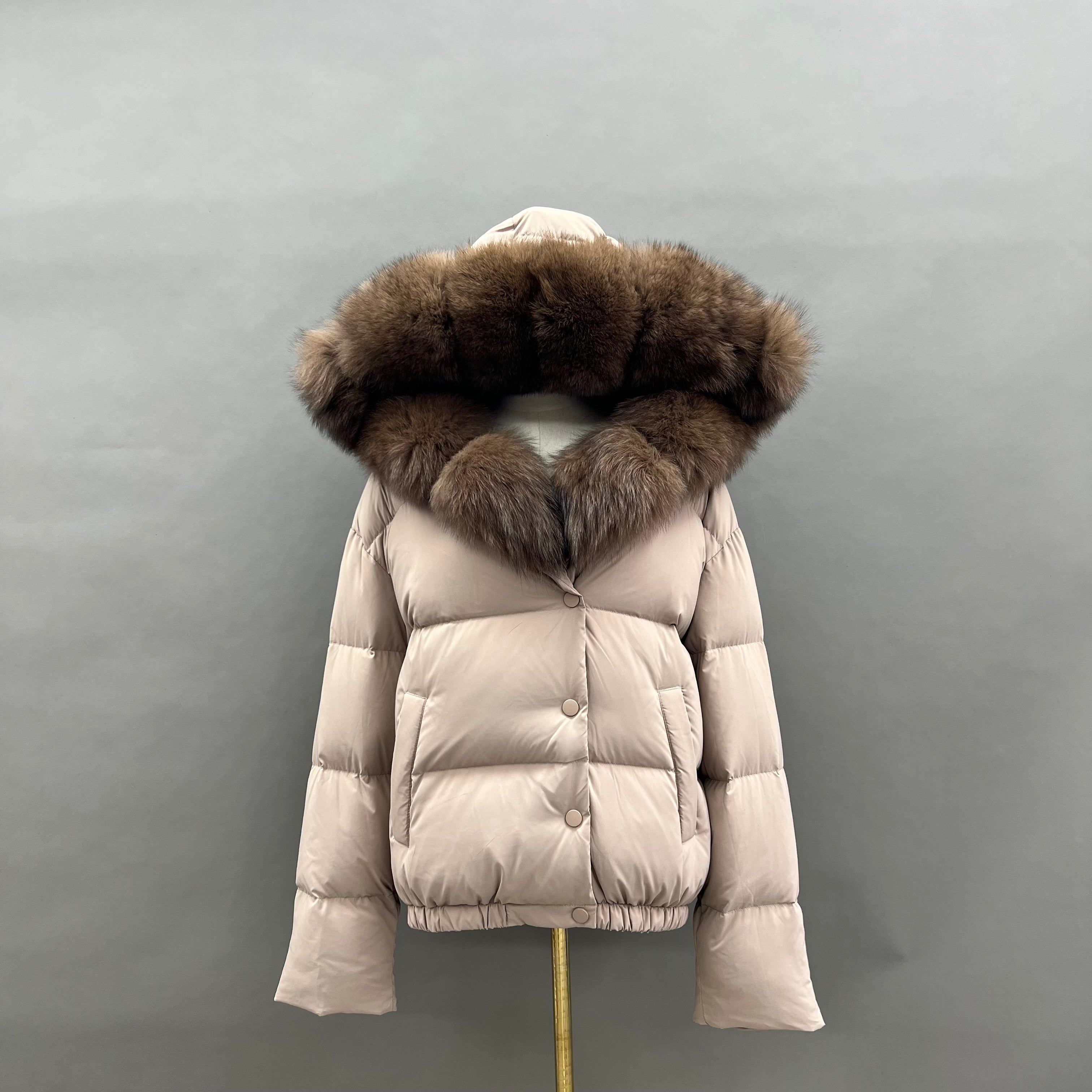 Women’s Brown Down Jacket with Real Fox Fur Hood – Short Puffer Winter Coat for Elegant Fashion 3#Milk Tea