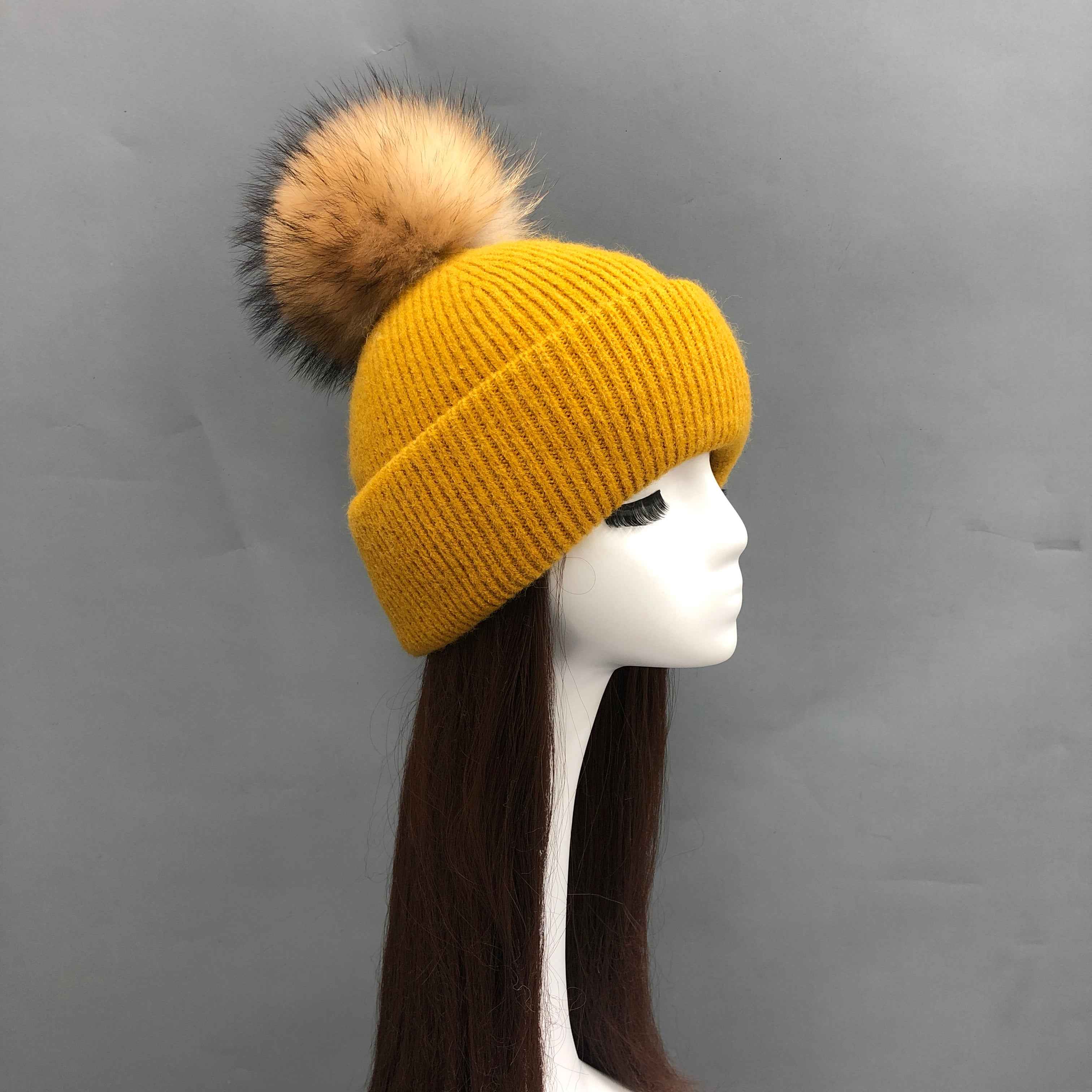 Wholesale Fine Ribbed Rabbit Fur Knit Beanie – Raccoon Fur Pompom Top, Warm Winter Hat for Women, Premium Quality in Bulk 7#Yellow Adult