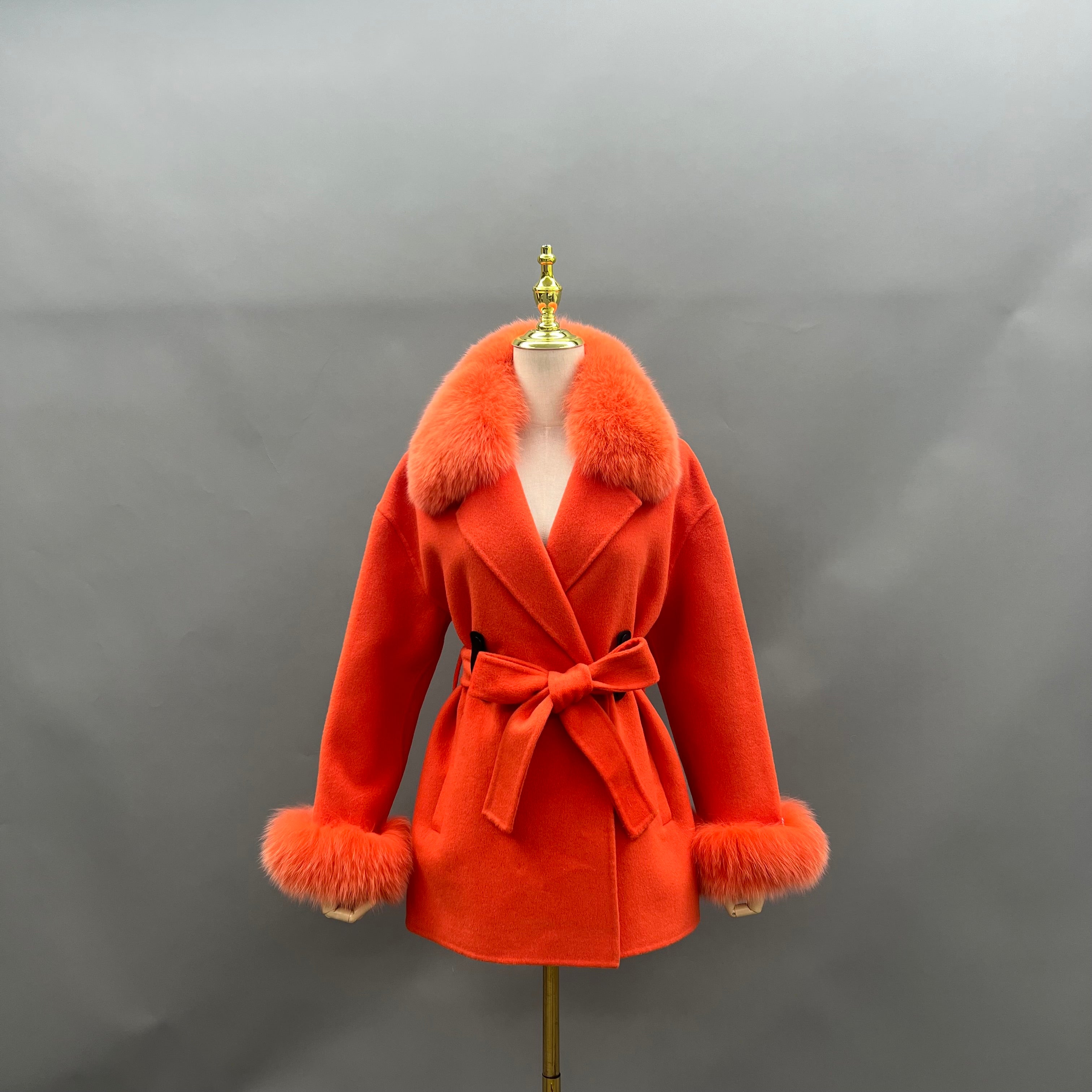 Trendy New Style Fox Fur Collar Short Cashmere Coat For Women 9#Bright Orange