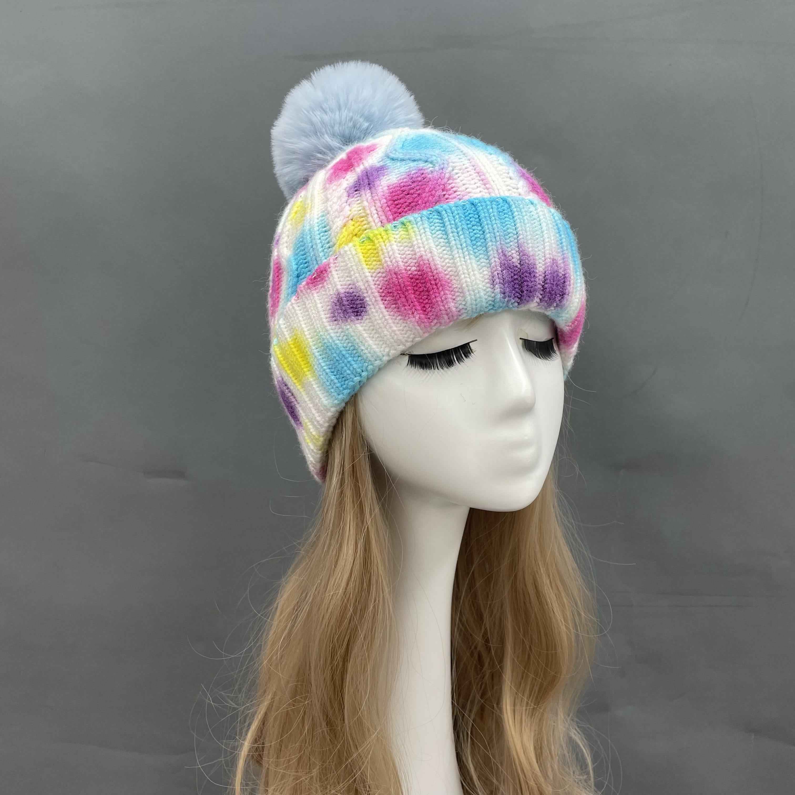 Women's Tie-Dye Knit Beanie with Faux Fur Pom-Pom – Colorful Winter Hat for Women, Trendy & Cozy 7#Rainbow Tie-Dye a21 b36-64