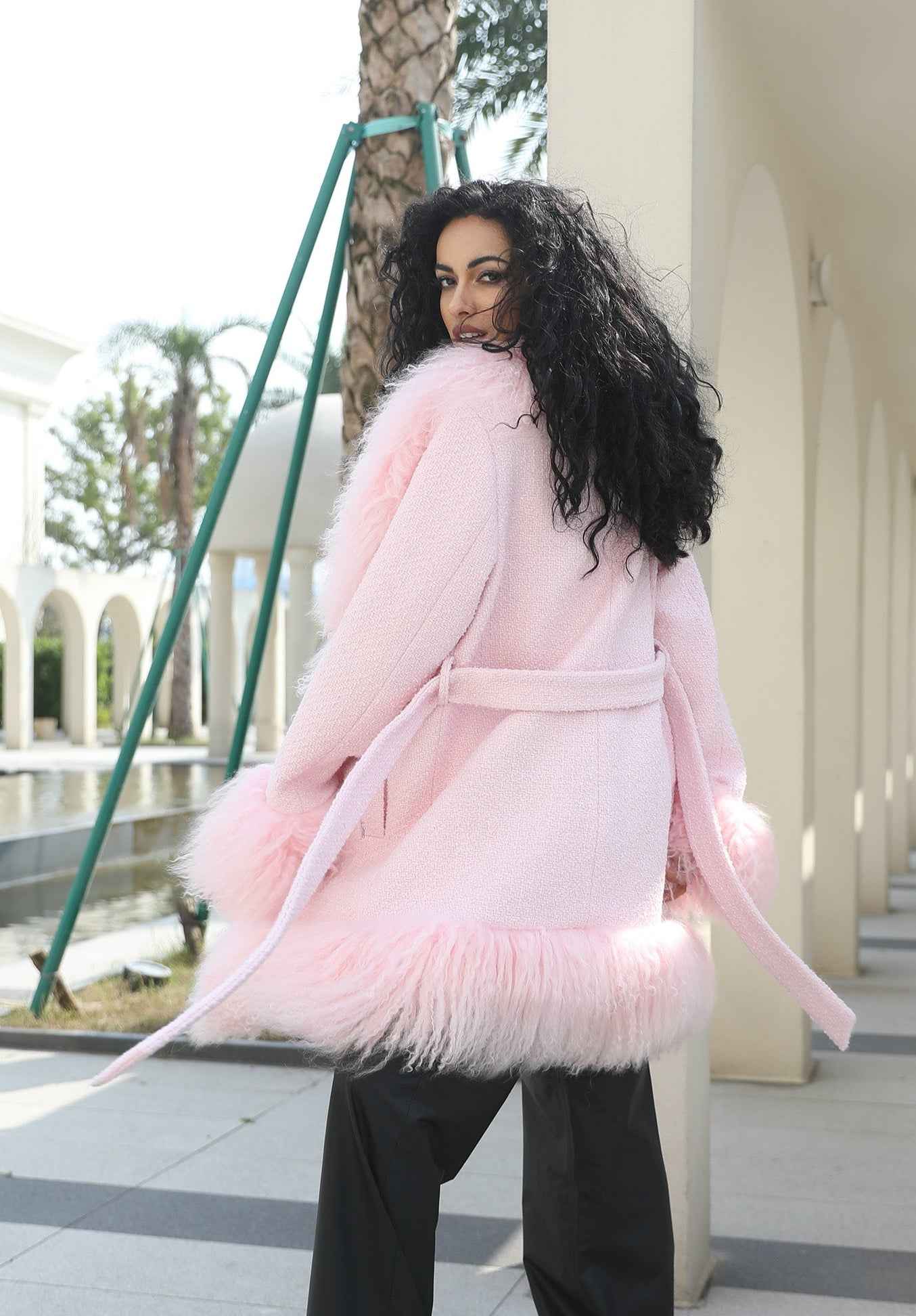 Cashmere Mid-Length Coat with Tibetan Lamb Fur Collar, Cuffs and Tie Waist