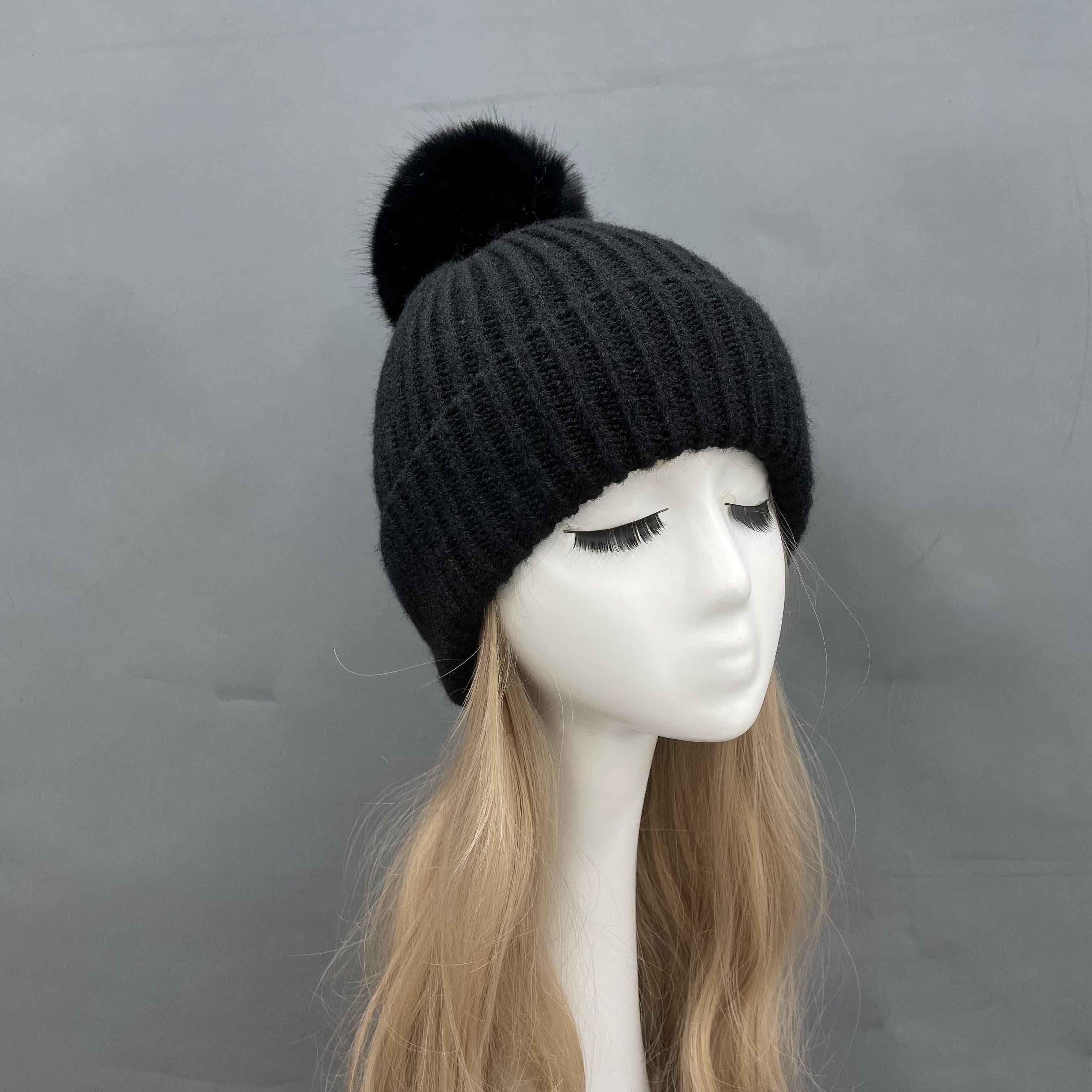 Women's Orange Knit Beanie Hat with Fur Pom-Pom & Leather Patch – Warm Winter Hat for Women, Fashionable & Cozy 7#Jet Black a20 b32-66