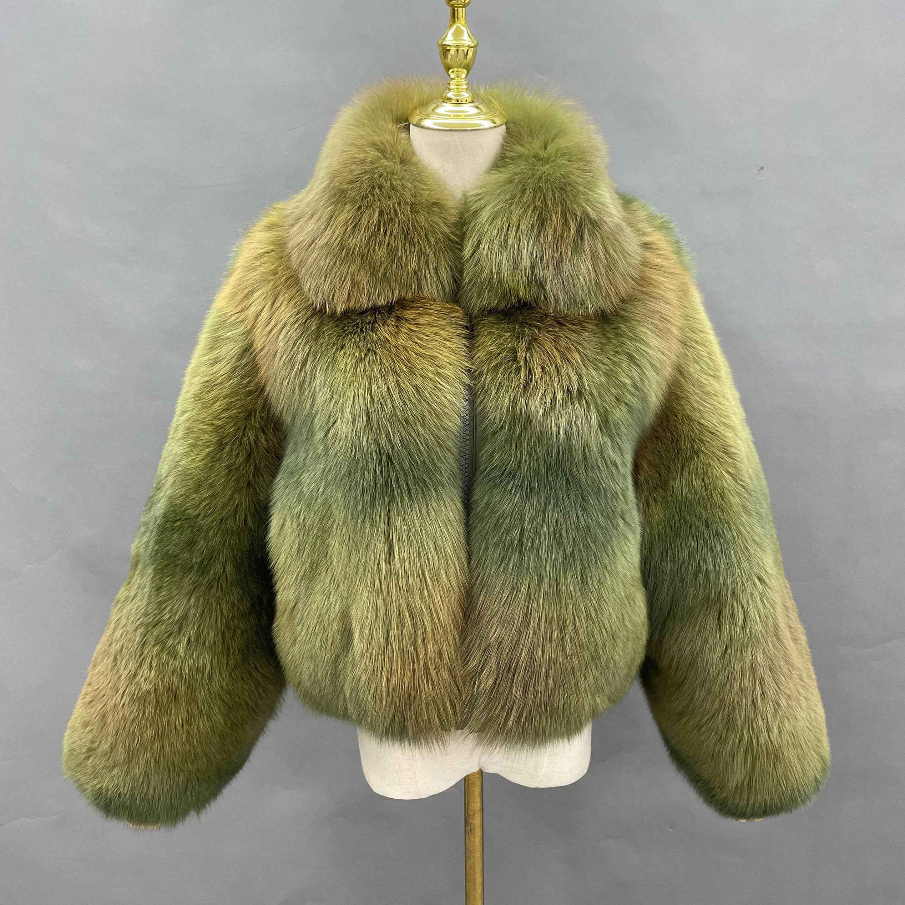 Women’s Green Fox Fur Jacket with Turn-Down Collar – Short Real Fur Coat Featuring Resin Zipper for Luxury Winter Fashion 5#