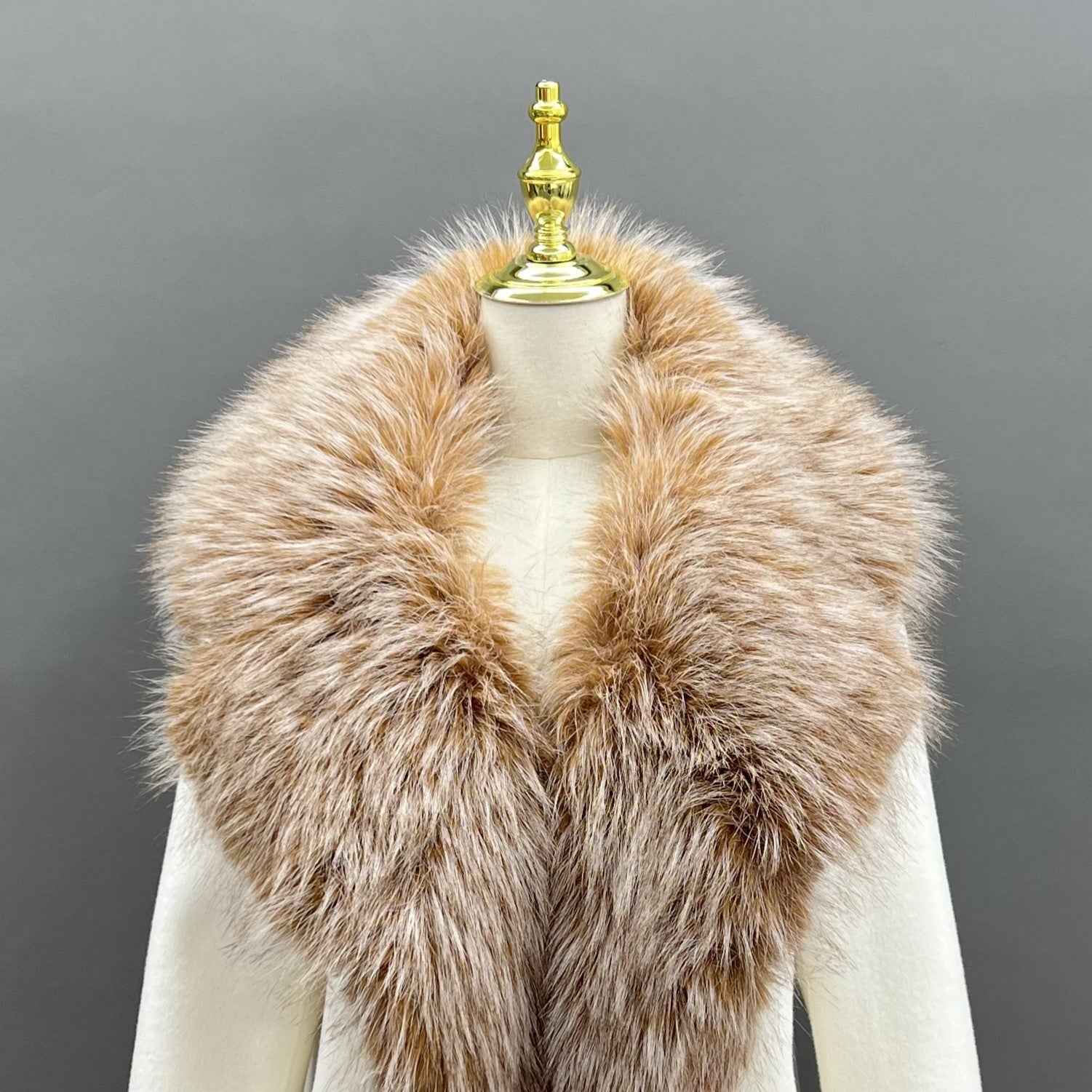 Autumn Winter White Cashmere Wool Double - faced Coat with Faux Fur Collar & Asymmetric Zipper