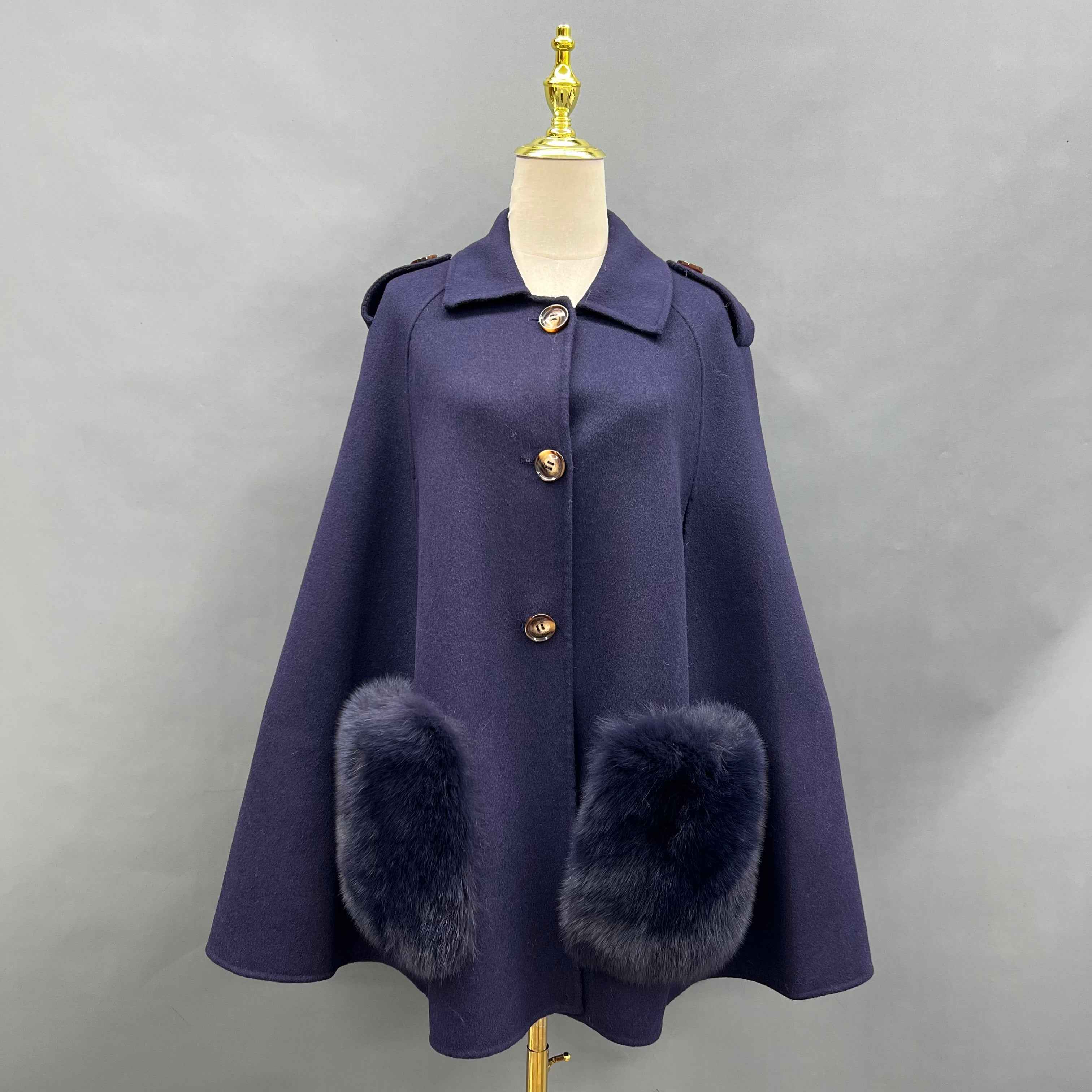 Women's Luxury Double - Faced Wool Cape with Fox Fur Pocket Trim, Elegant Winter Outerwear