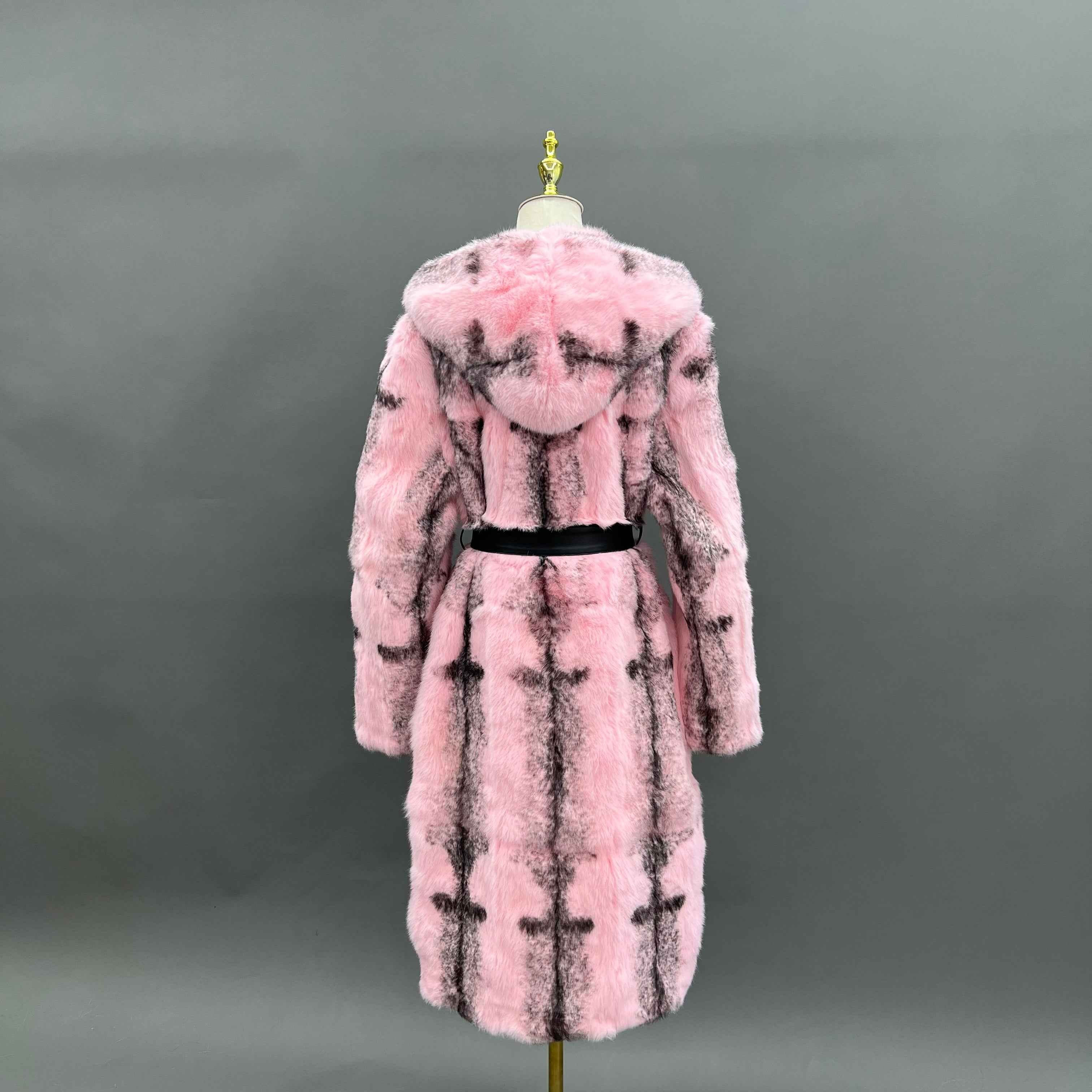 Luxury Pink Rabbit Fur Coat with Hood and Notched Lapel – Long Women’s Winter Fur Jacket with Belt
