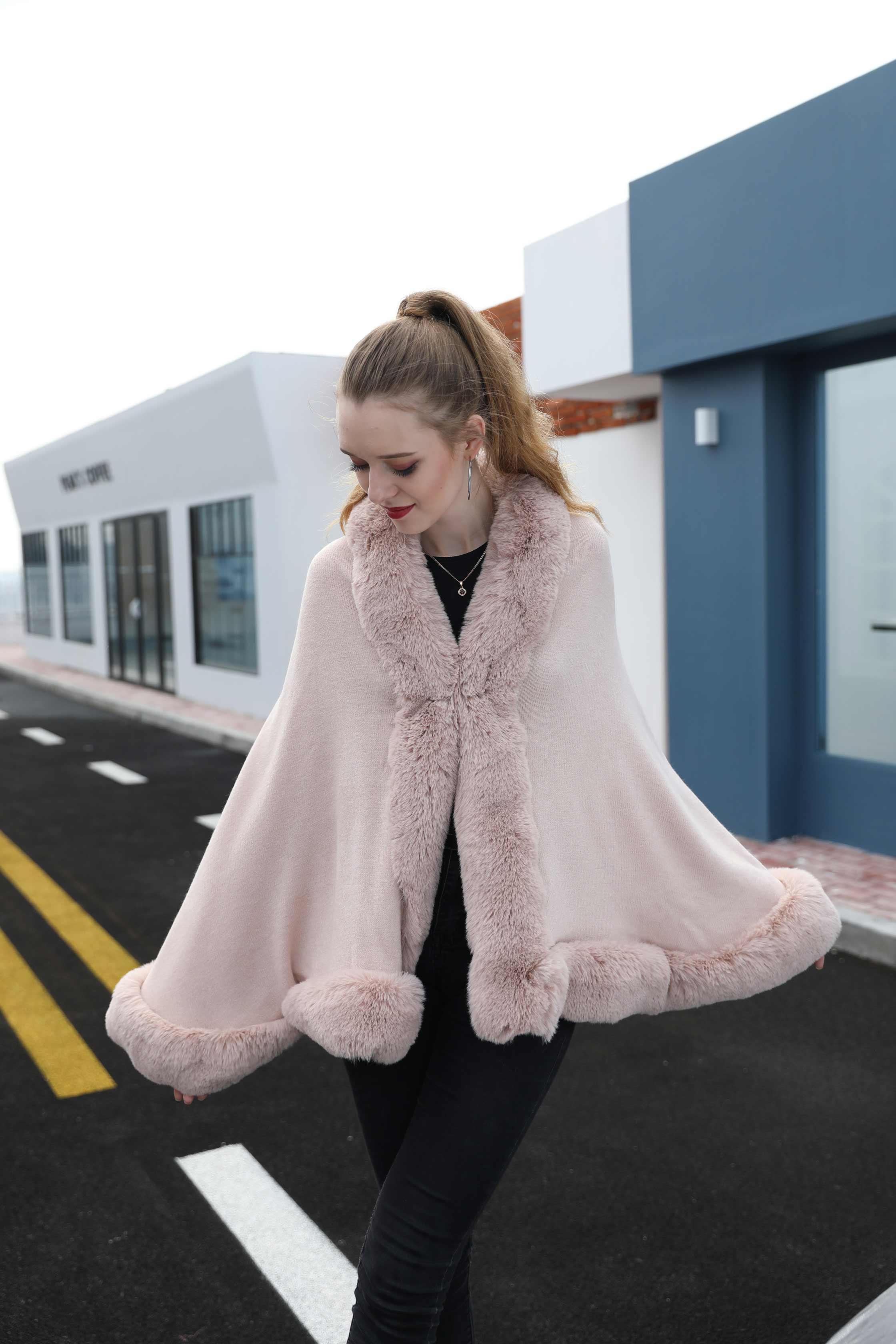 Janefur Wholesale Fashion Women Knitted Cape Shawl with Faux Fur Trim - Janefur