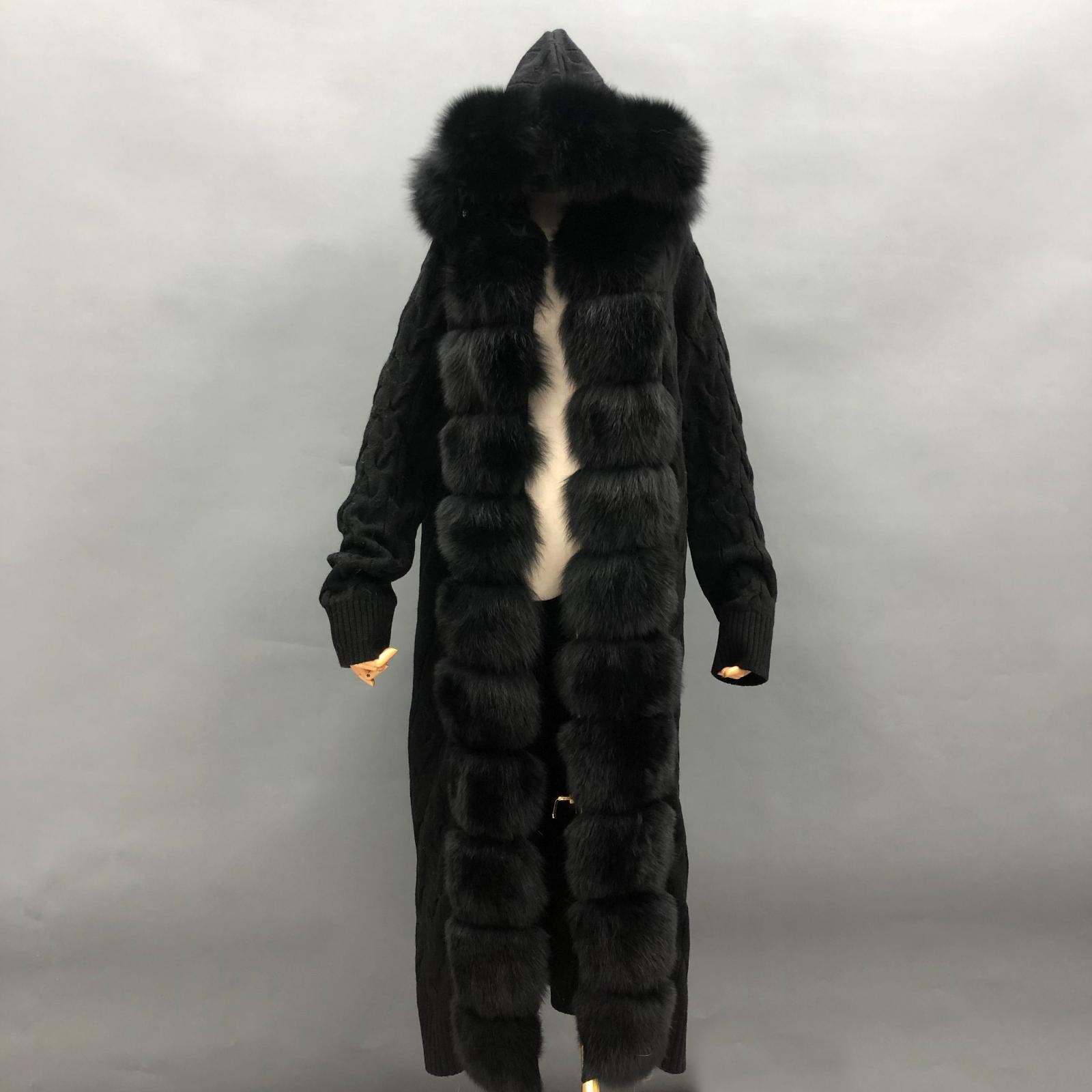 Women's Winter Fox Fur Lapel Hooded Knit Wool Fashion Long Coat - Janefur