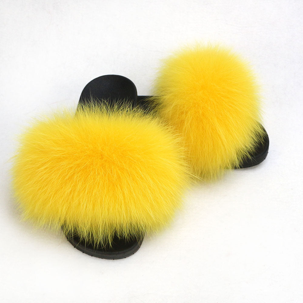 Janefur Wholesale Women's Fashion Slippers With Real Fox Fur Trim (Black, Gold, Silver Soles)