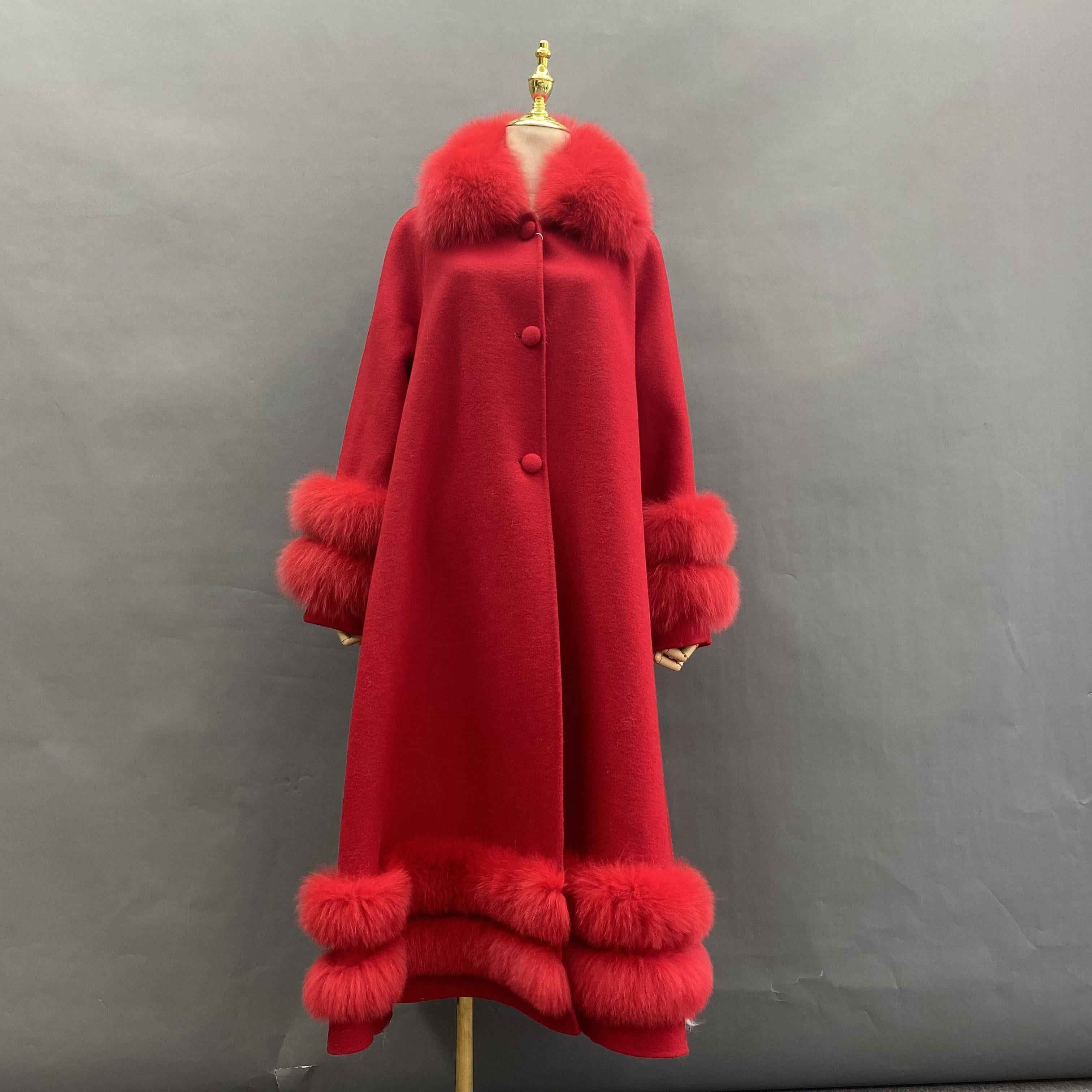 Double - Faced Wool Coat with Double - Layer Fox Fur Trim on Cuffs, Hem & Collar - Luxury Warm Fashion Winter Outerwear
