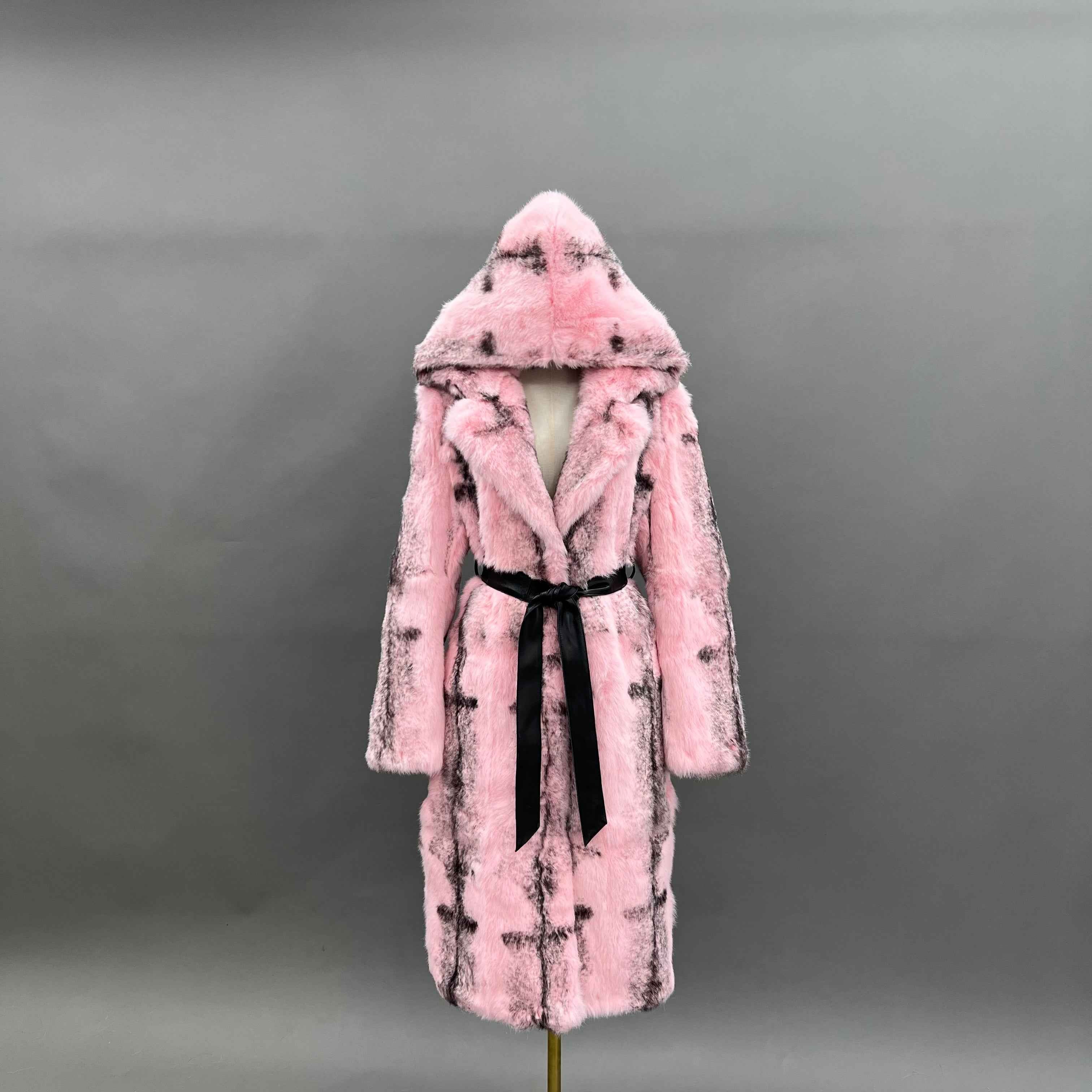 Luxury Pink Rabbit Fur Coat with Hood and Notched Lapel – Long Women’s Winter Fur Jacket with Belt