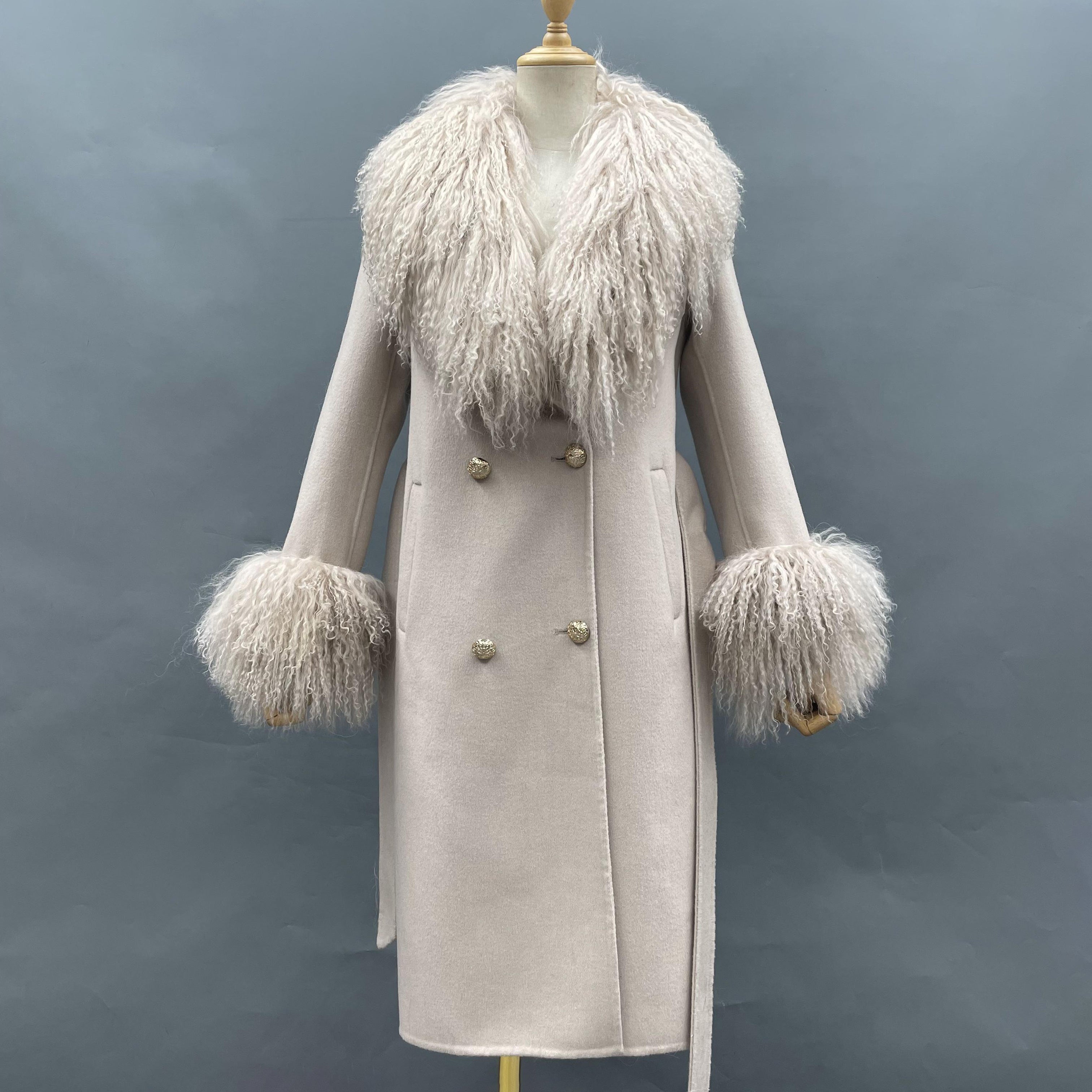 Women's Pink Double-Faced Wool Coat with Real Tansu Lamb Fur Collar – Curly Fur Trim, Elegant Winter Outerwear for Women 3#Light Beige