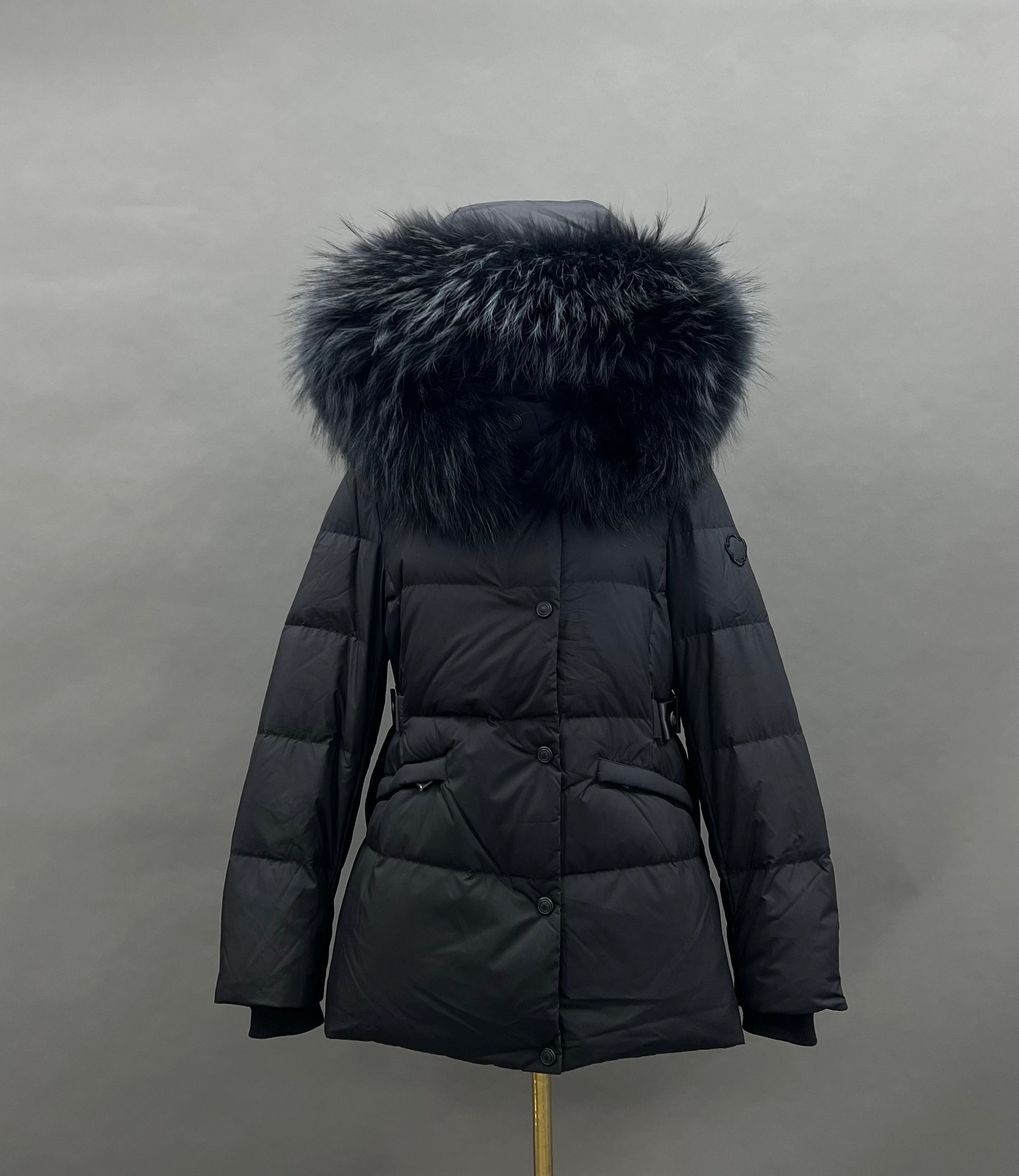 Women's Short Down Jacket with Raccoon Fur - Trimmed Hood