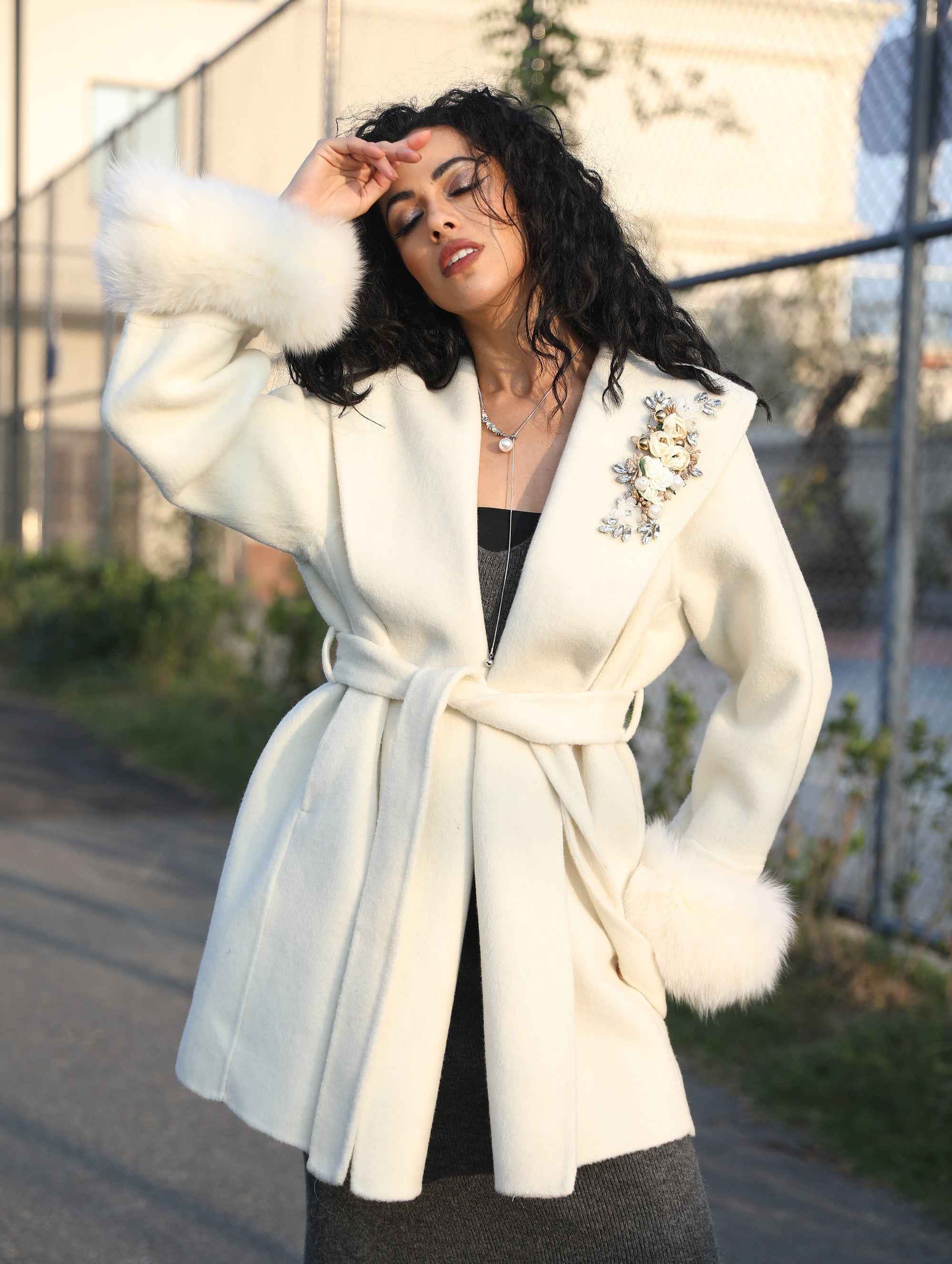Cashmere Double Faced Coat with Rhinestone Brooch, Fox Fur Collar, Fox Fur Cuffs and Tie Belt