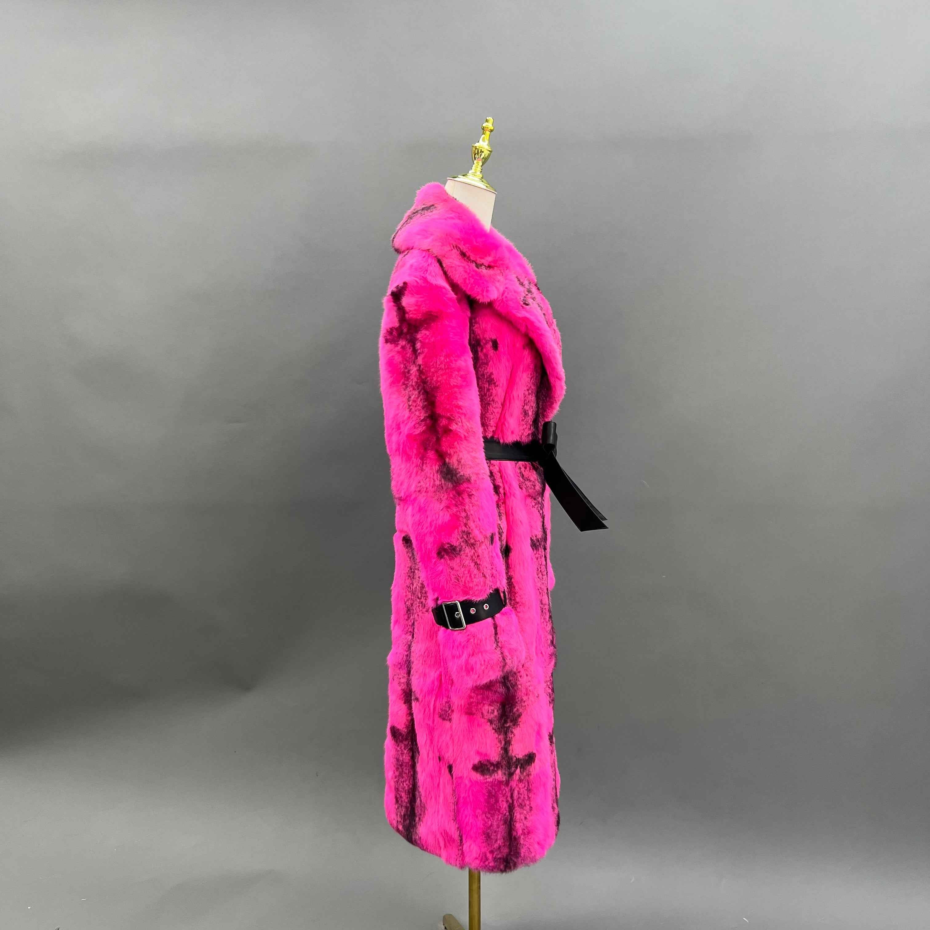 Luxury Rabbit Fur Coat with Notched Lapel and Leather Cuffs – Long Women’s Winter Fur Jacket with Belt