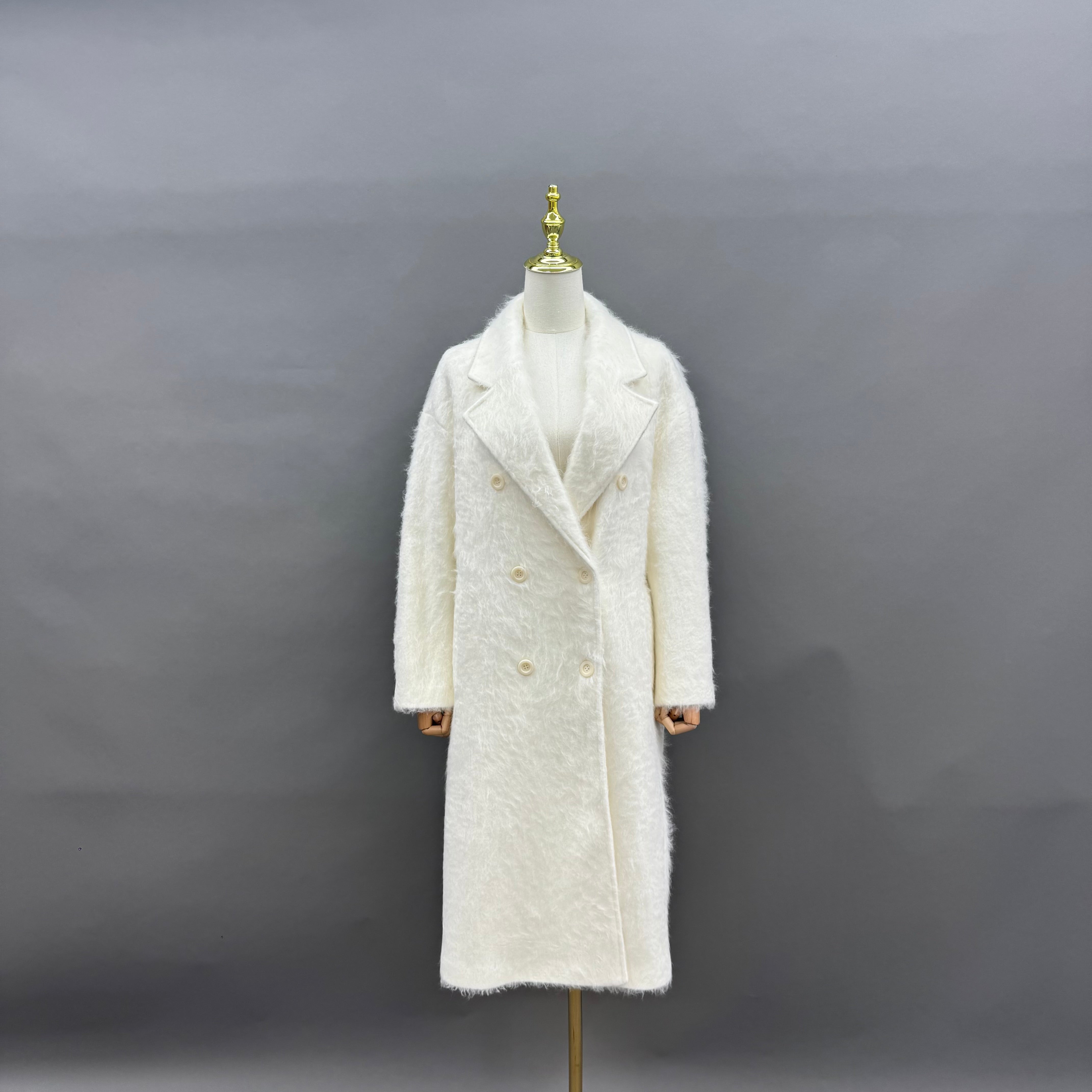 Women’s Gray Wool and Cashmere Blend Double-Breasted Long Coat – Classic Notched Lapel Winter Outerwear for Elegant Fashion 7#White