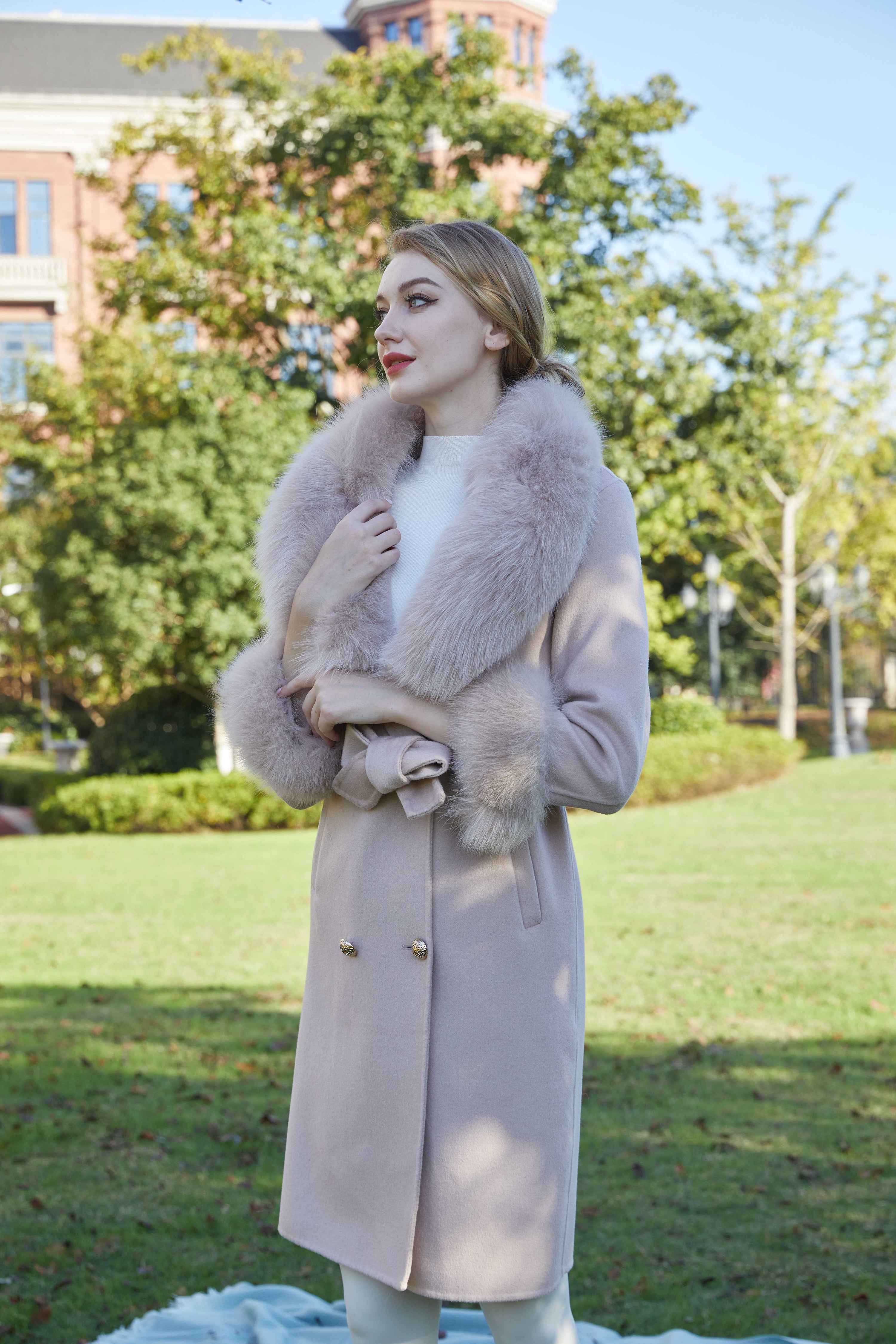 Luxurious Double - Faced Wool Long Coat with Large Fox Fur Collar, Fur Cuffs and Tie Waist