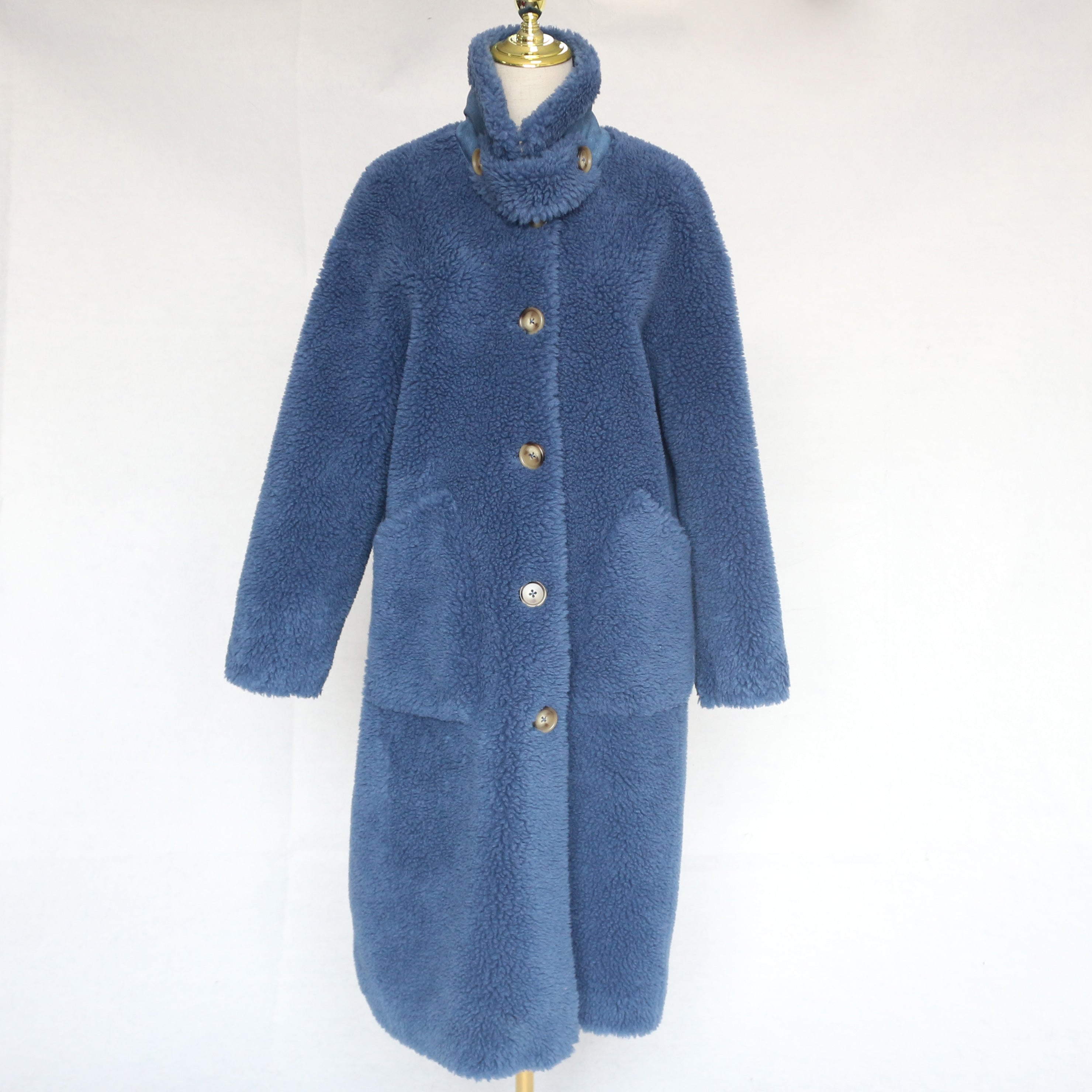 Women's Red Long Sheepskin Shearling Coat with Stand Collar & Button Front - Warm Winter Outerwear