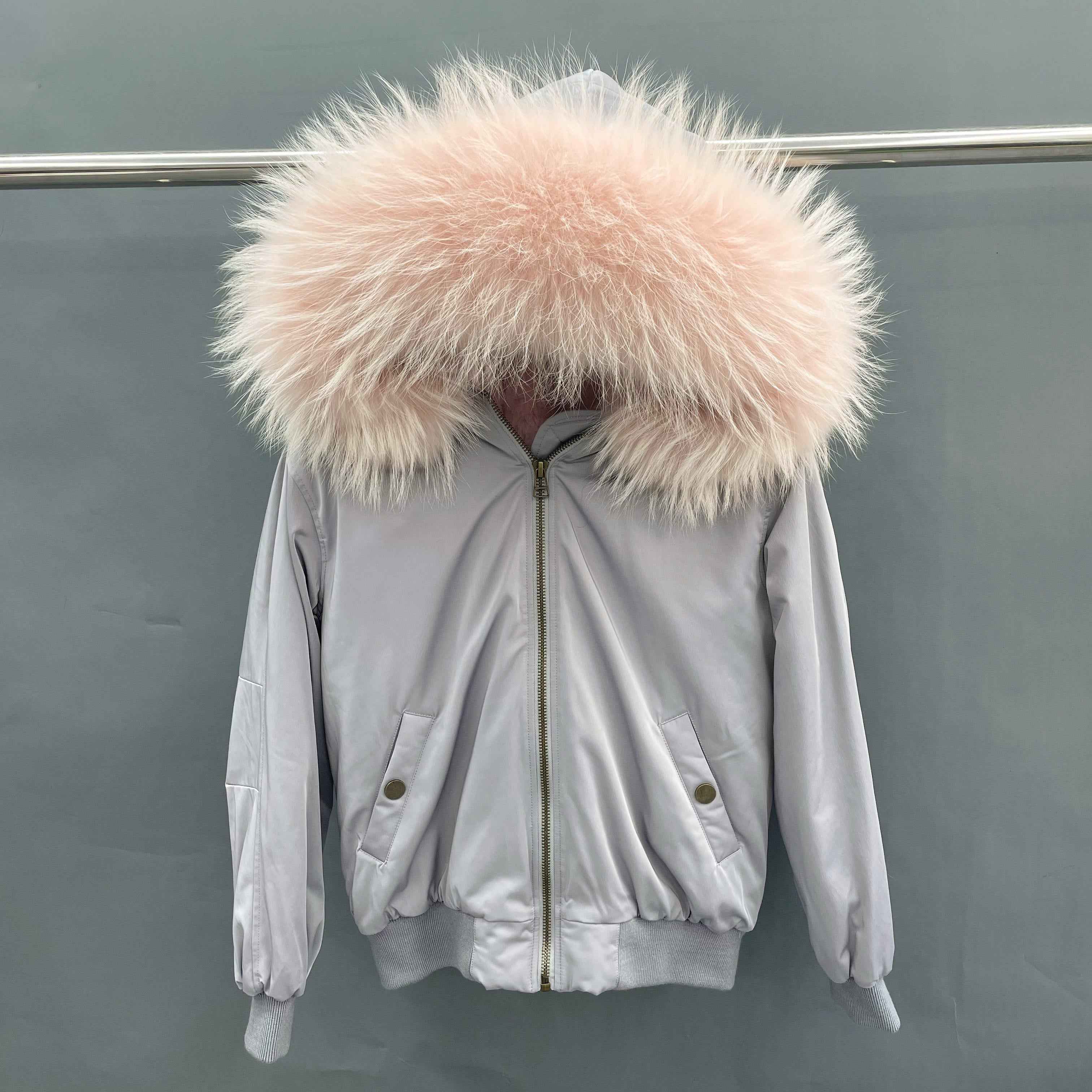 Women's Bomber Jacket with Raccoon Fur Collar – Winter Flight Jacket, Faux Fur Trim Aviator Coat for Cold Weather 1#Grey