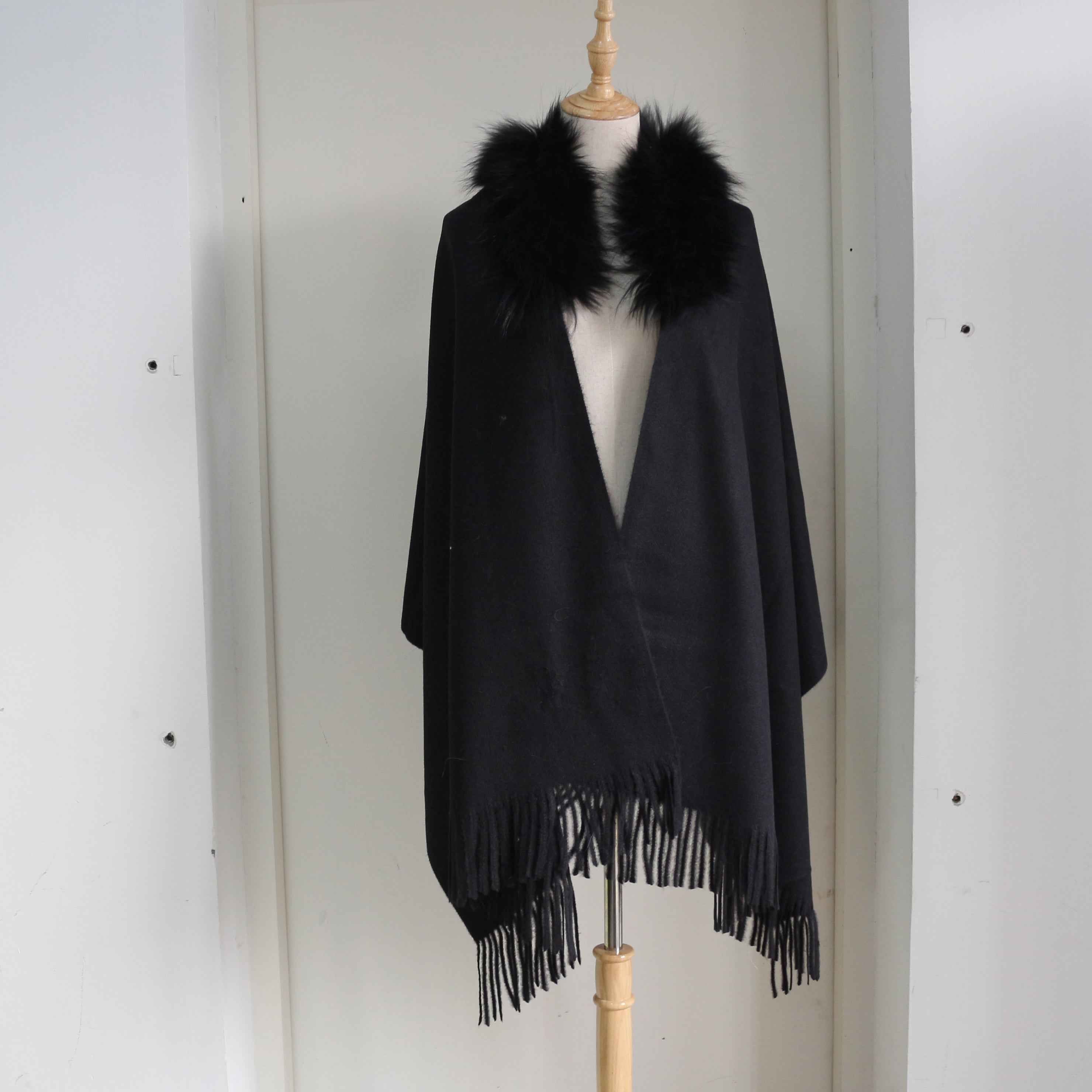 Women's Luxurious Mink Fur Shawl with Raccoon Dog Fur Collar & Fringe Detail - Winter Fashion Accessory 8#Black F