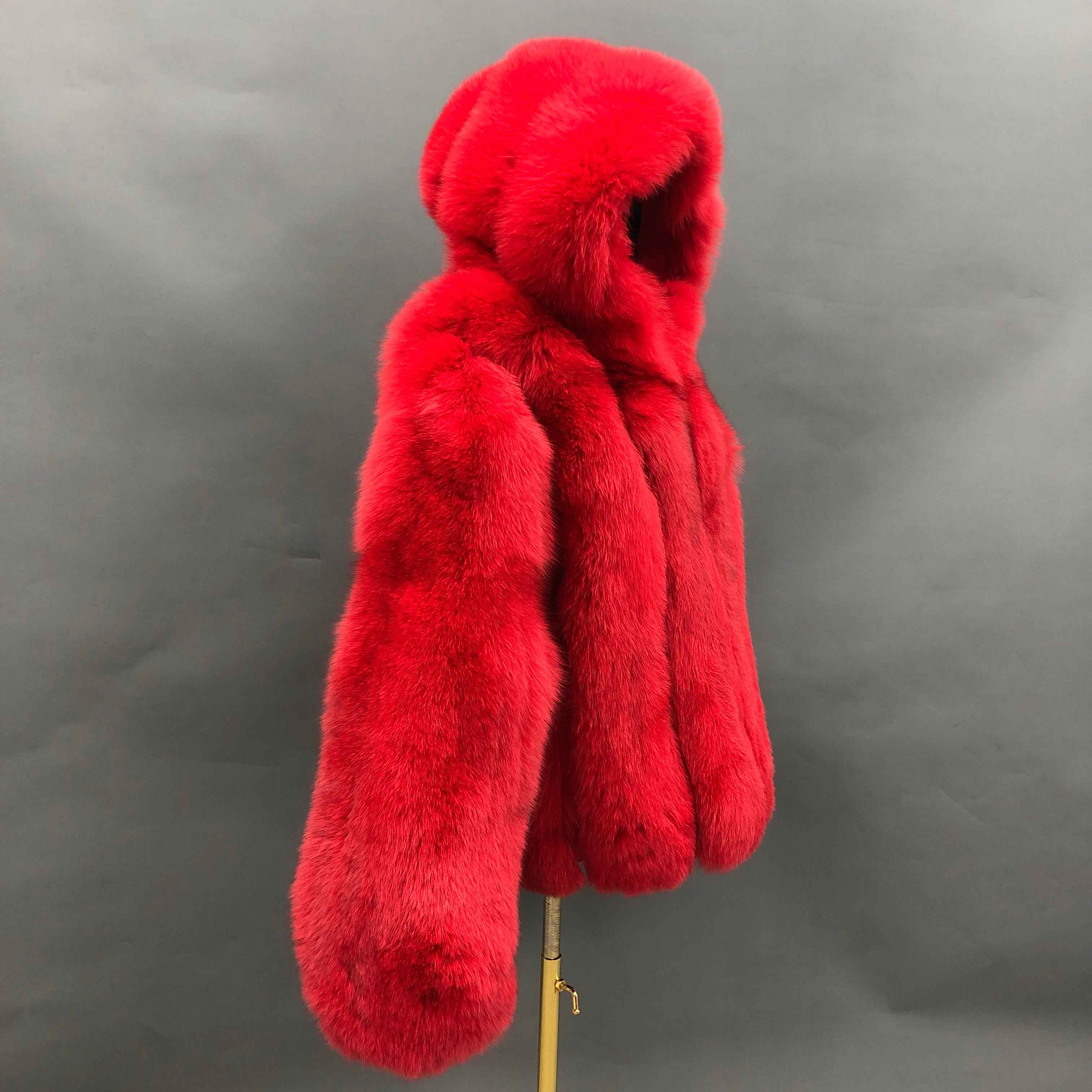 Luxury Fluffy Red Fox Fur Hooded Coat with Vertical Stripes - Short Winter Jacket