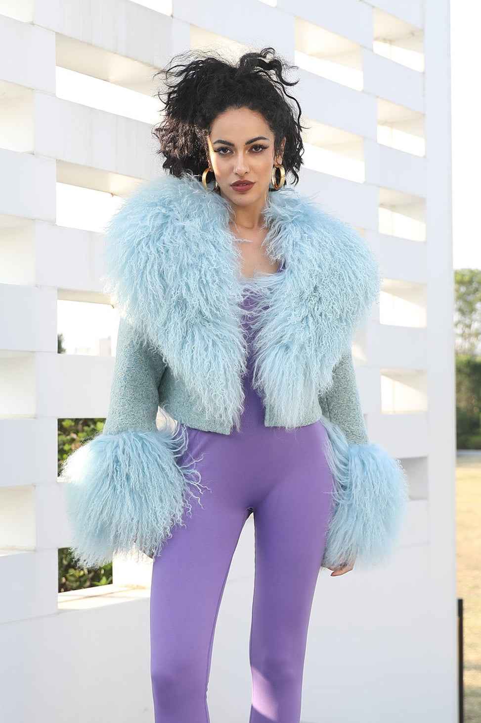 Cashmere Short Coat with Tibetan Lamb Fur Collar and Cuffs